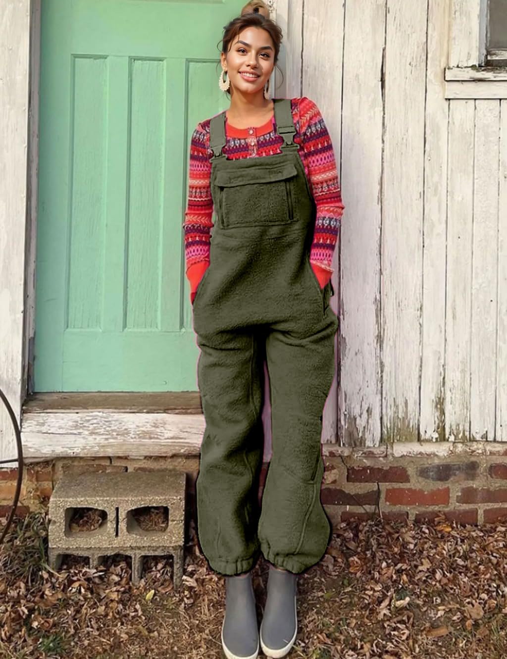 yoeasy Women's Warm Fleece Fuzzy Overalls Sleeveless Winter Loose Adjustable Strap Bib Jumpsuits With Pockets