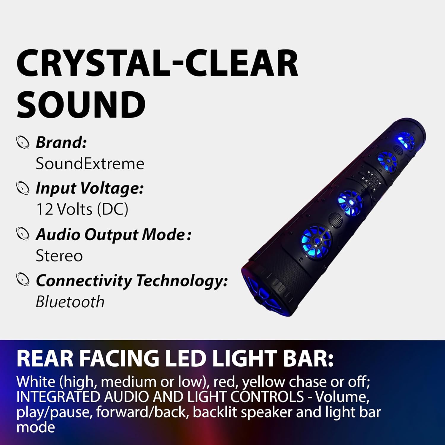 Gravity GTVL74BT 800-Watt Amplified Double-Sided Powersports Marine Soundbar, 8 Speaker, Bluetooth, LED Backlit, Waterproof, Dirtproof, Roll Bar Mount, for UTV/ATV/Off-Road Vehicles