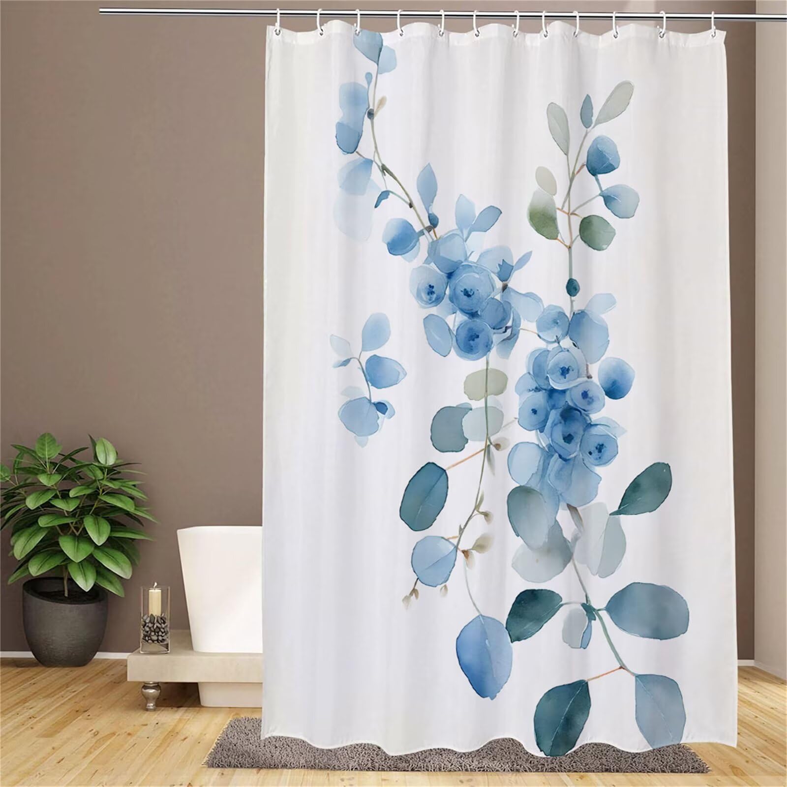 Y57 - Cortina de ducha impermeable de poliéster antimicrobiano, 200 x 180 cm, dobladillo con peso, lavable, con 12 ganchos, diseño de hojas, color beige