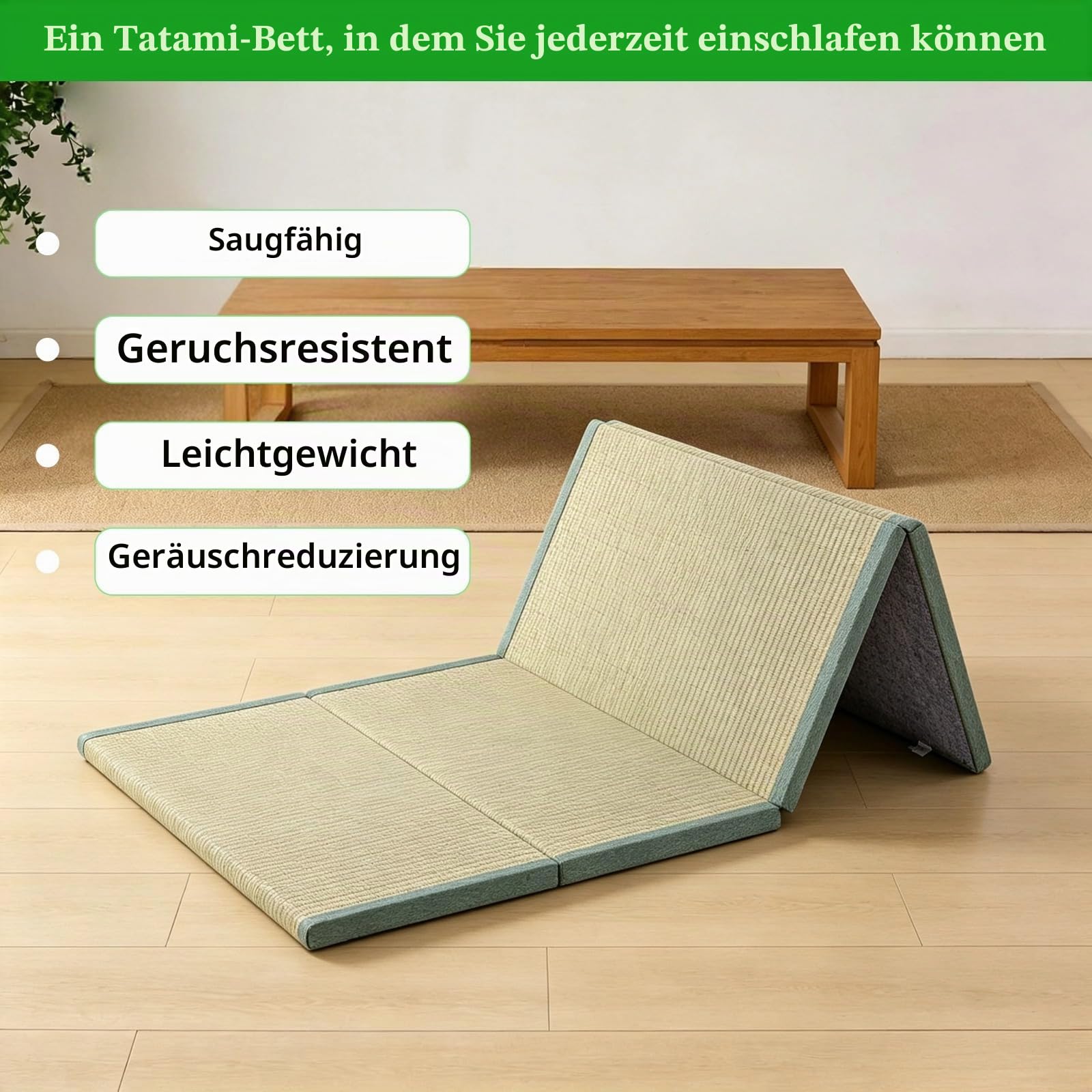 Japanische Tatami Matte 90x200 cm, Faltbare Igusa-Matratze, Dickere 3,5 cm, Bodenmatte für Schlafen, Area Teppich, Meditation, Yoga, Zen, Futon Boden, Grün