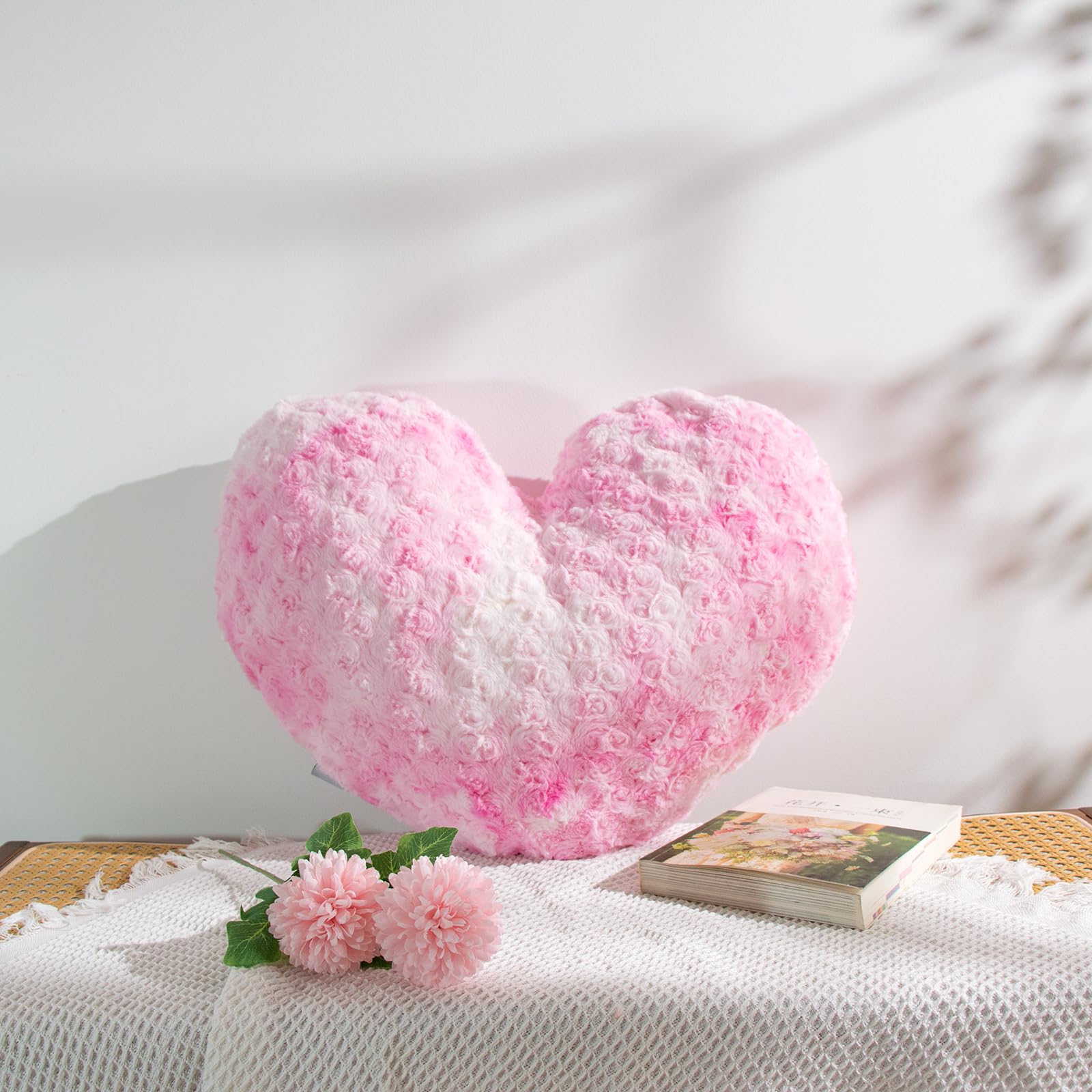 Ailive 16" Pink and White Heart Shaped Throw Pillow – 600g Faux Rabbit Fur + Plush 6D PP Cotton Decorative Cushion — image 1