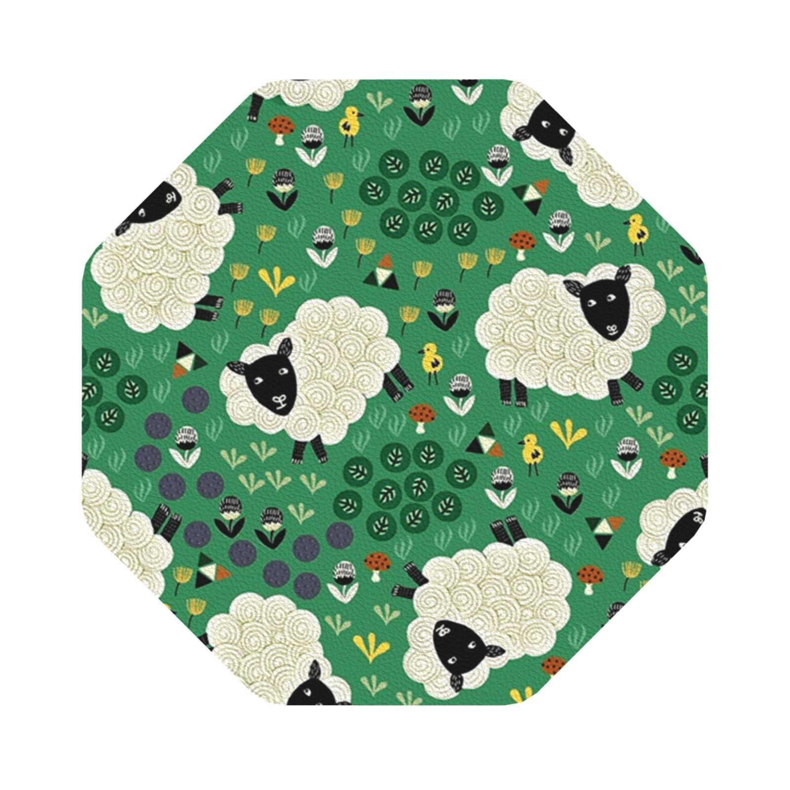 Cute Cartoon Sheep PU Leather Coasters Set of 6 Octagon Drink Coasters