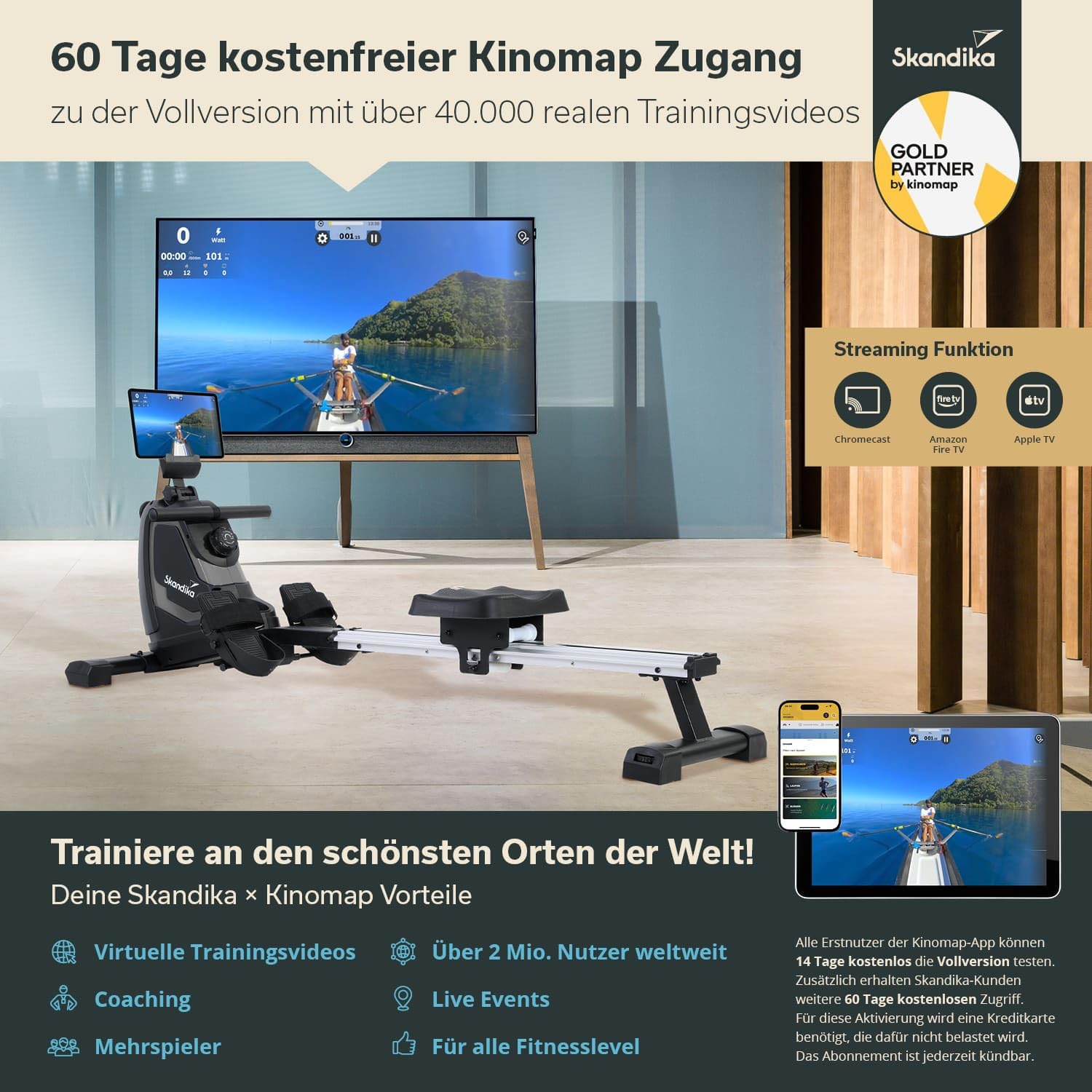Skandika Rudergerät für Zuhause Venn | Rudermaschine mit Magnetwiderstand, 8 Widerstandsstufen, einfacher Aufbau, Bluetooth, Kinomap App kompatibel, leise & wartungsarm, Rudermaschine für zuhause