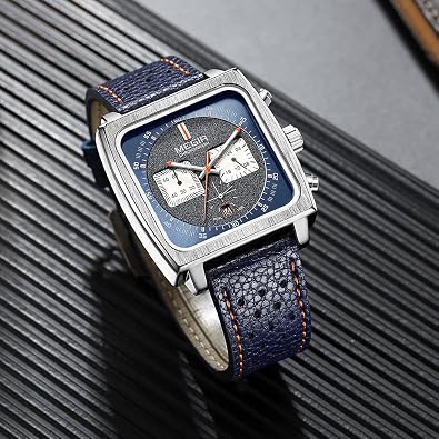 MEGIR Men's Rectangle Business Work Analogue Quartz Chronograph Luminous Sport Wrist Watch with Leather Strap 2182 Blue