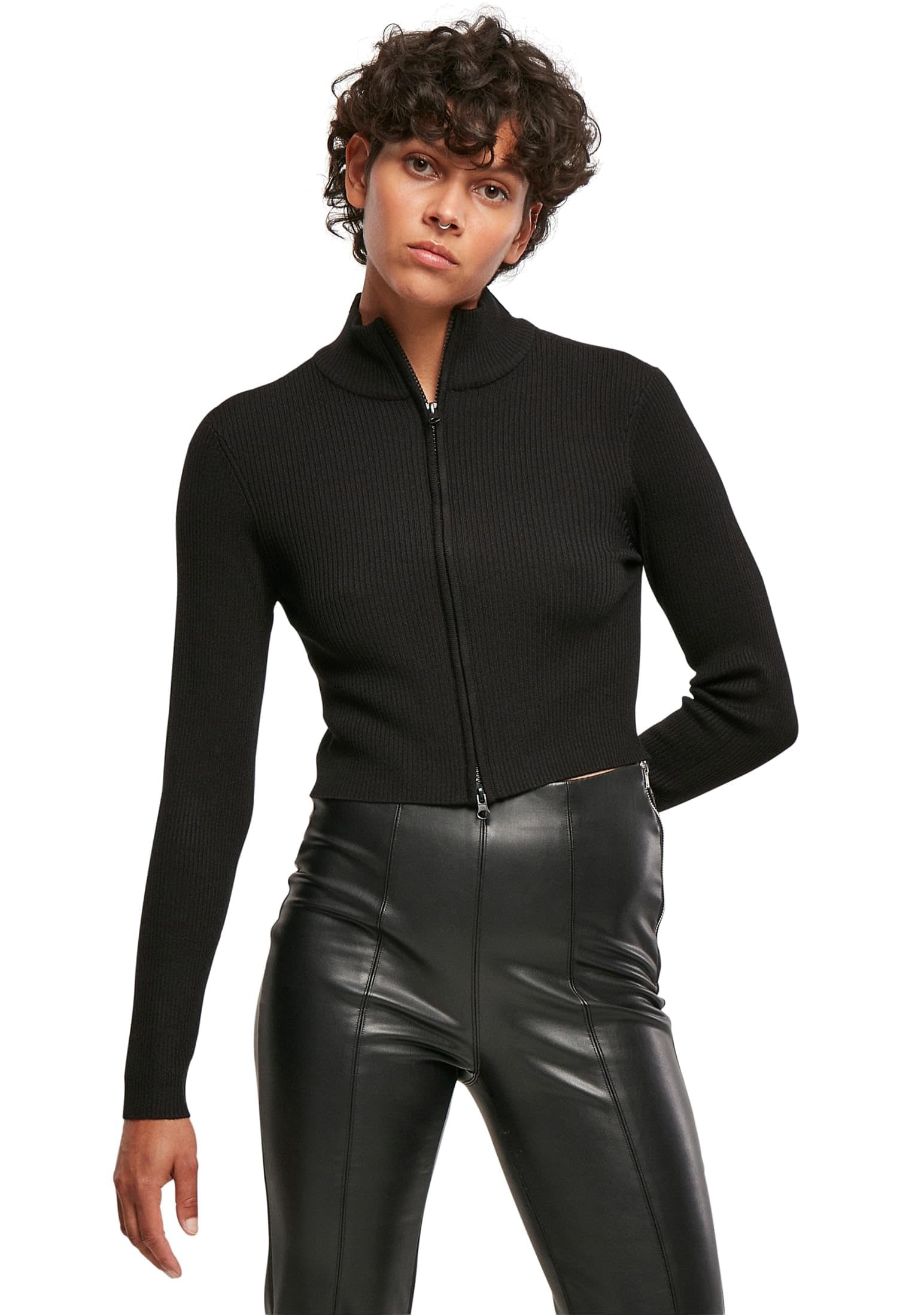 Urban Classics Women's Black Cropped Rib Knit Zip Cardigan Sweater, L