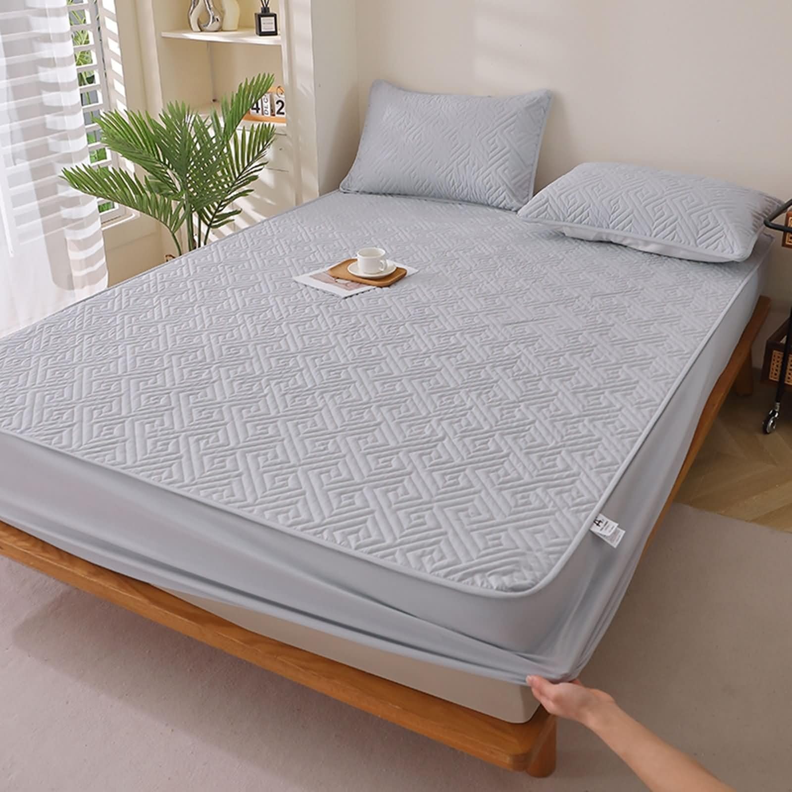 AMDXD Copri letto 150 x 200 cm, con angoli elasticizzati per topper, tinta unita, grigio chiaro, copriletto in cotone per letto a molle e letto ad acqua