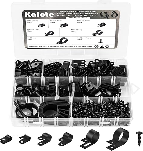 320 clips negros para cable R, 6 tamaños de 316 pulgadas, 14 pulgadas, 38 pulgadas, 12, 3, 4 y 1 pulgada, nailon PA66 de alta calidad, resistente a