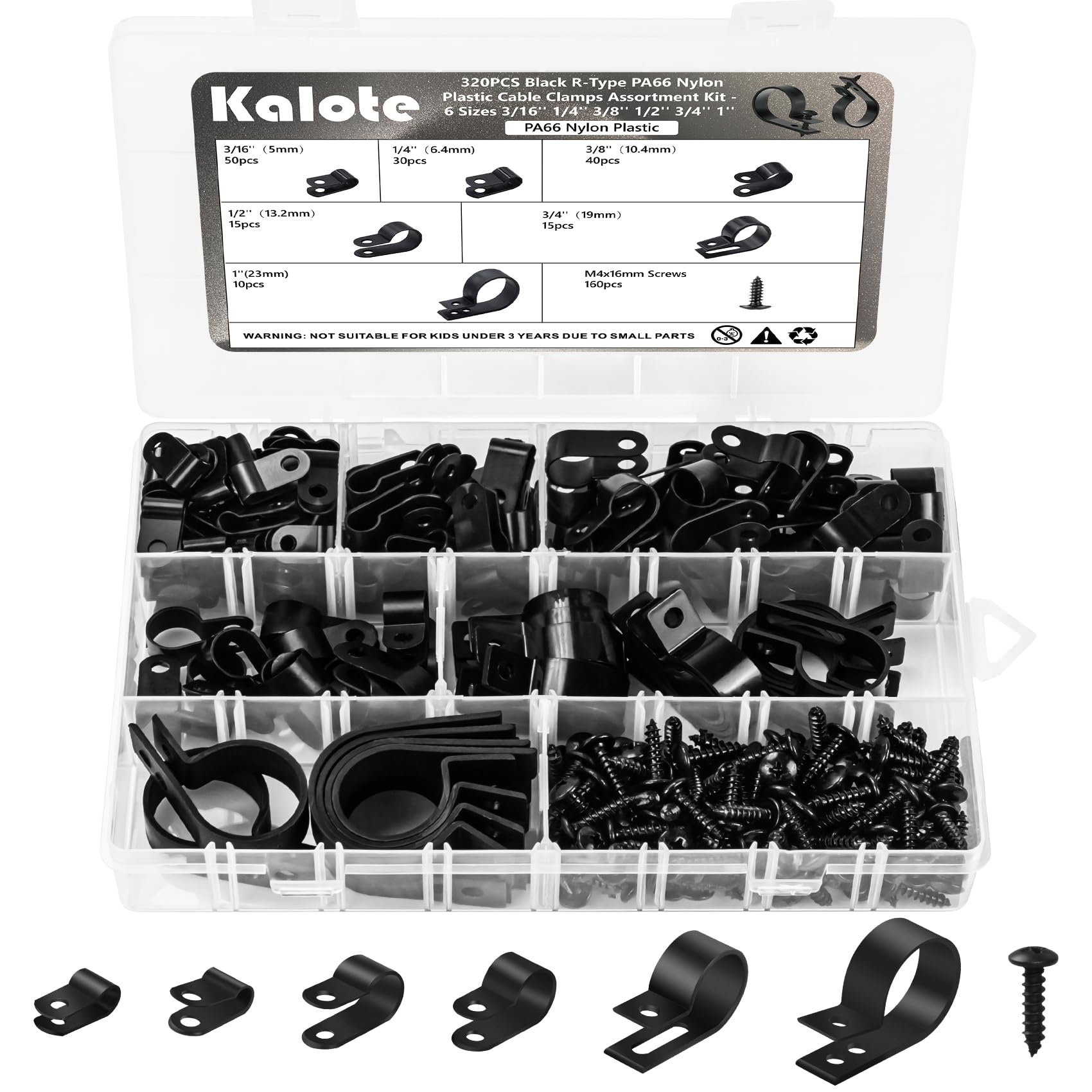 Kalote 320 PCS Black Nylon P-Clips, 3/16'' 1/4'' 3/8'' 1/2'' 3/4'' 1'' Inch Plastic Cable Clips Wire Clamp, Nylon Screw Mounting Cord Fastener Clip with 160 PCS Screws, for Wire Management