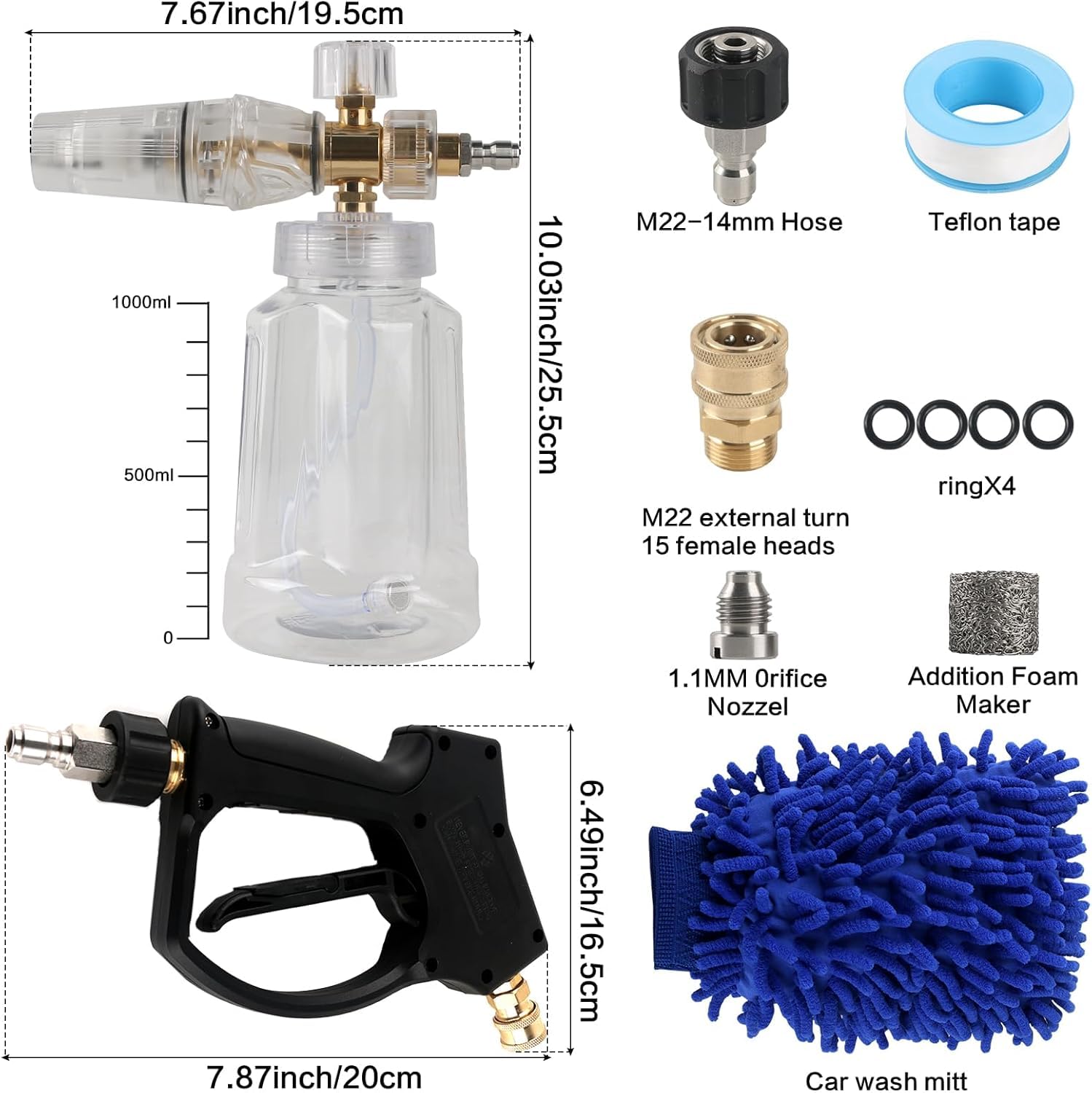 NewBEP Pistola de lavado de alta presión, kit de cannón de espuma con conector rápido de 1/4", 5000 PSI, aleación de aluminio, para lavado de coches, lanza de espuma de nieve, 7 boquillas de color