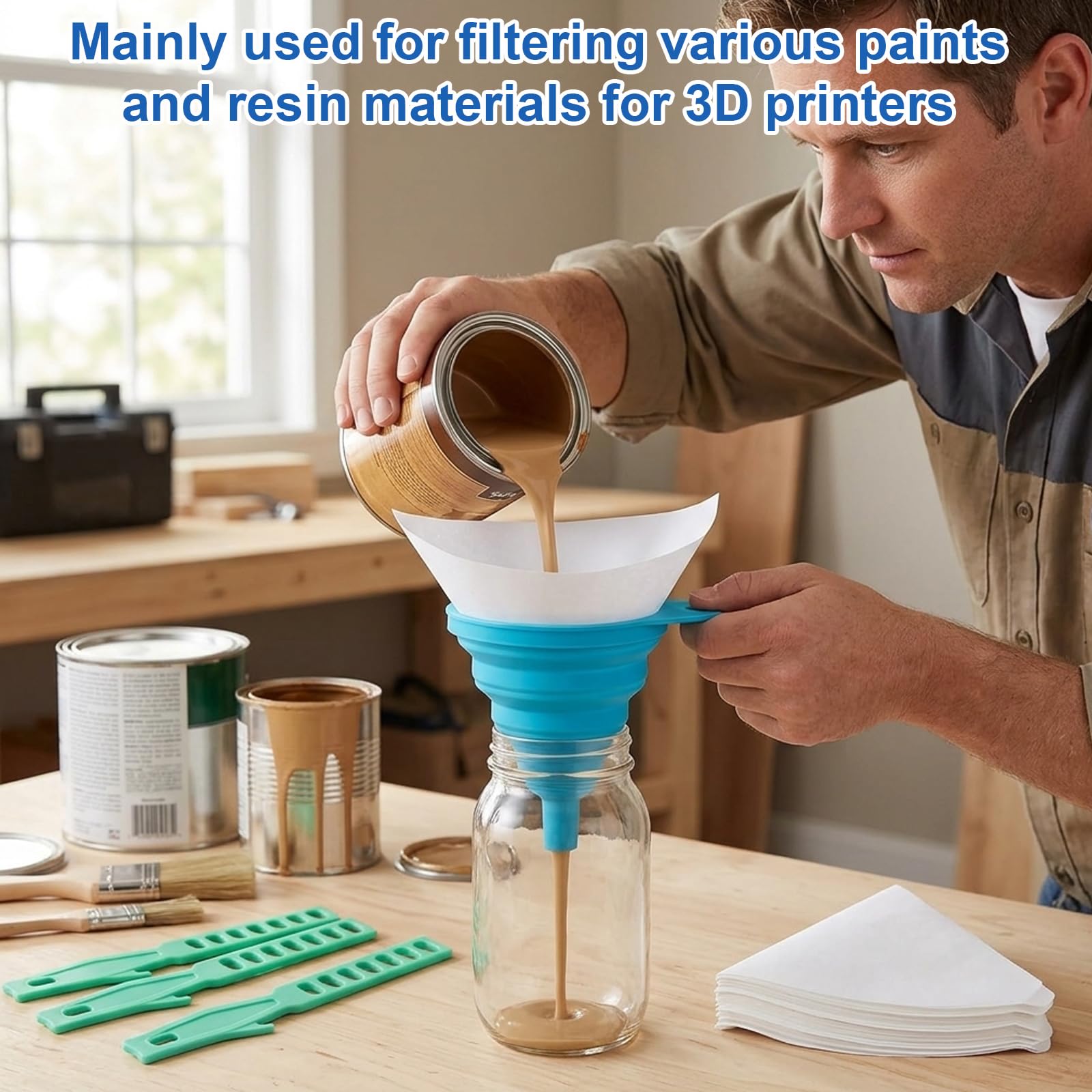 Paint Filters Strainers - 54 Piece 100 Mesh Paint Filter with Silicone Funnel & Stirrers - Includes Paint Filter, Paint Strainer, Funnel and Stir Sticks for Automotive, Art, & DIY Painting ﻿ — view 5