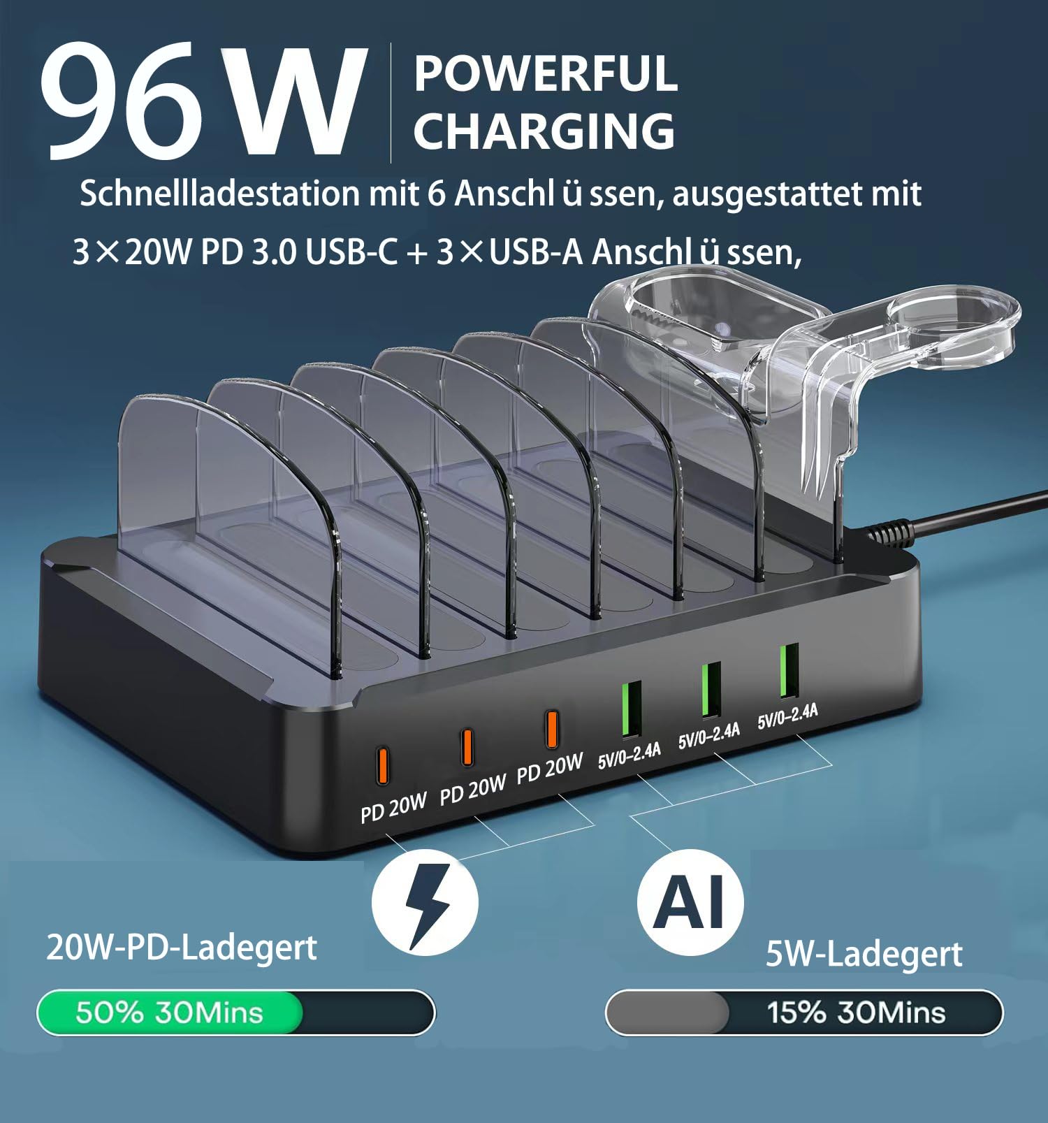 Stazione di ricarica USB C Multi Dock 6 porte PD 96 W Smart Ricarica Rapida 3 X PD 20 W USB C Connettore di ricarica compatibile per Phones lPad Lwatch Stand Tablet Più Dispositivi (6 cavi inclusi