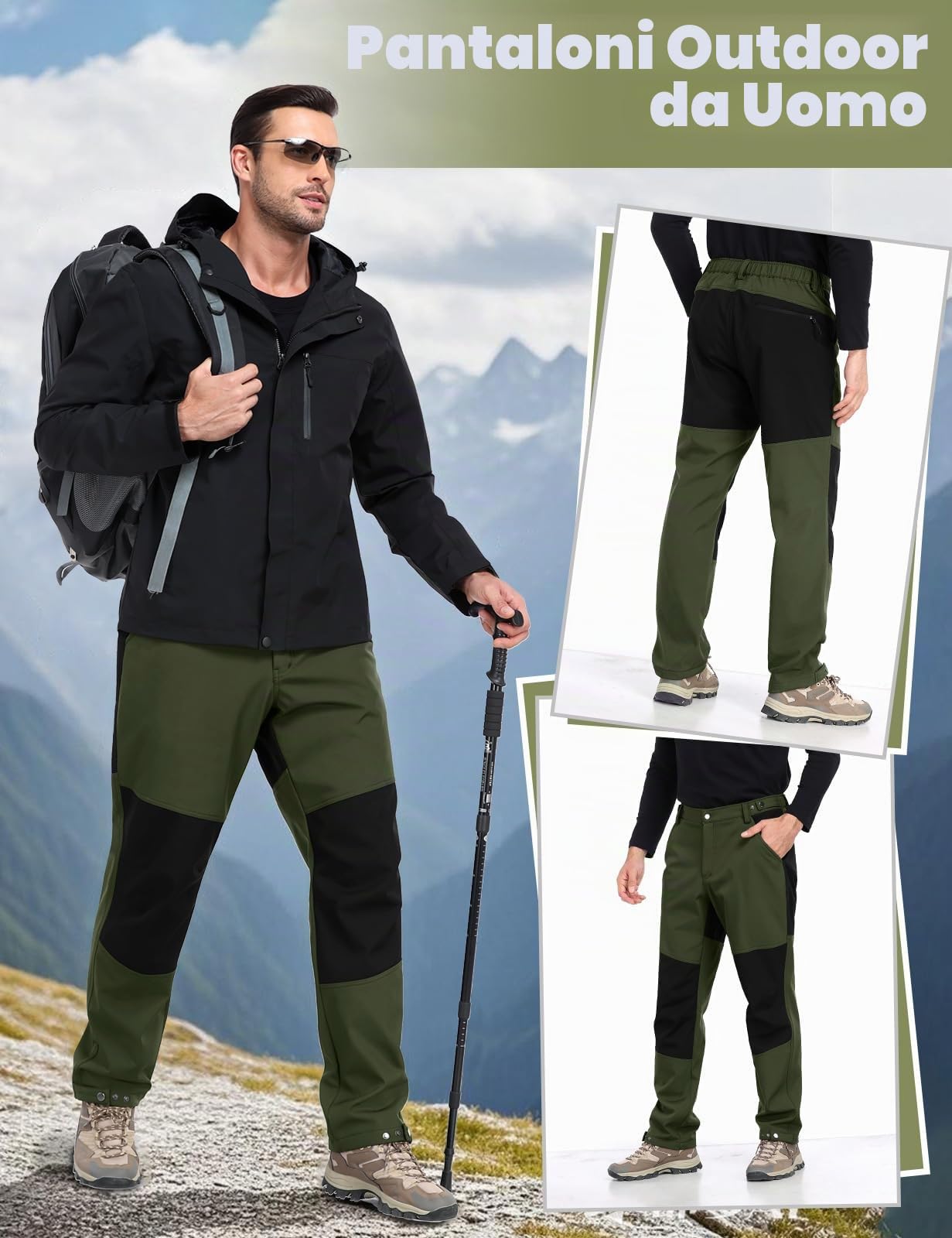 Xnova Pantaloni Trekking Uomo Invernali in Pile Pantalone da Lavoro Impermeabili Termici, Pantaloni Felpati Caldo Cargo Pantaloni Softshell Montagna Caccia con Vita Elasticizzati