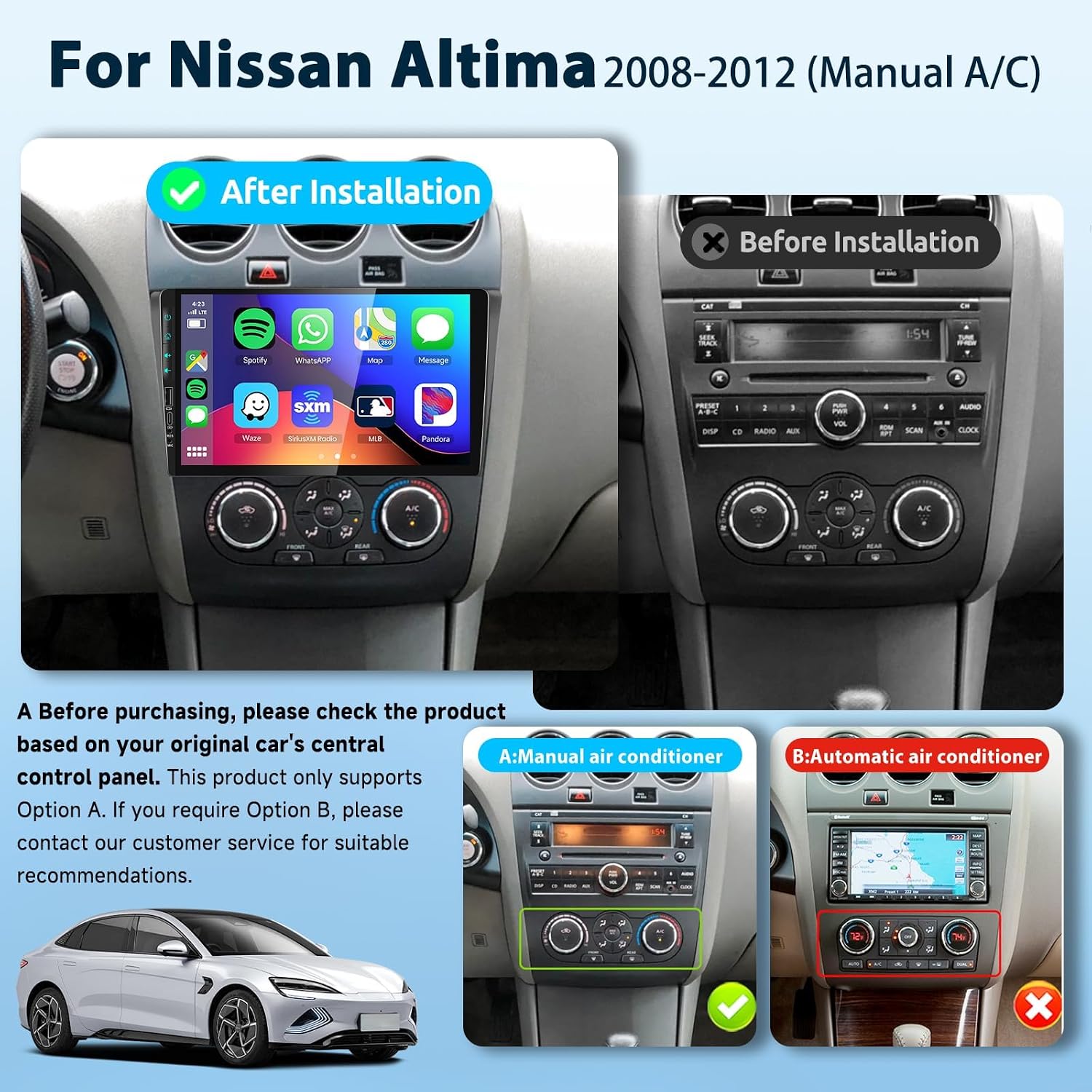 2G+64G Android Car Stereo for Nissan Altima 2008-2012 with Wireless Carplay Android Auto, 9“ Touch Screen Bluetooth Car Radio Support GPS Navigation WiFi FM SWC USB Backup Camera (Manual A/C)