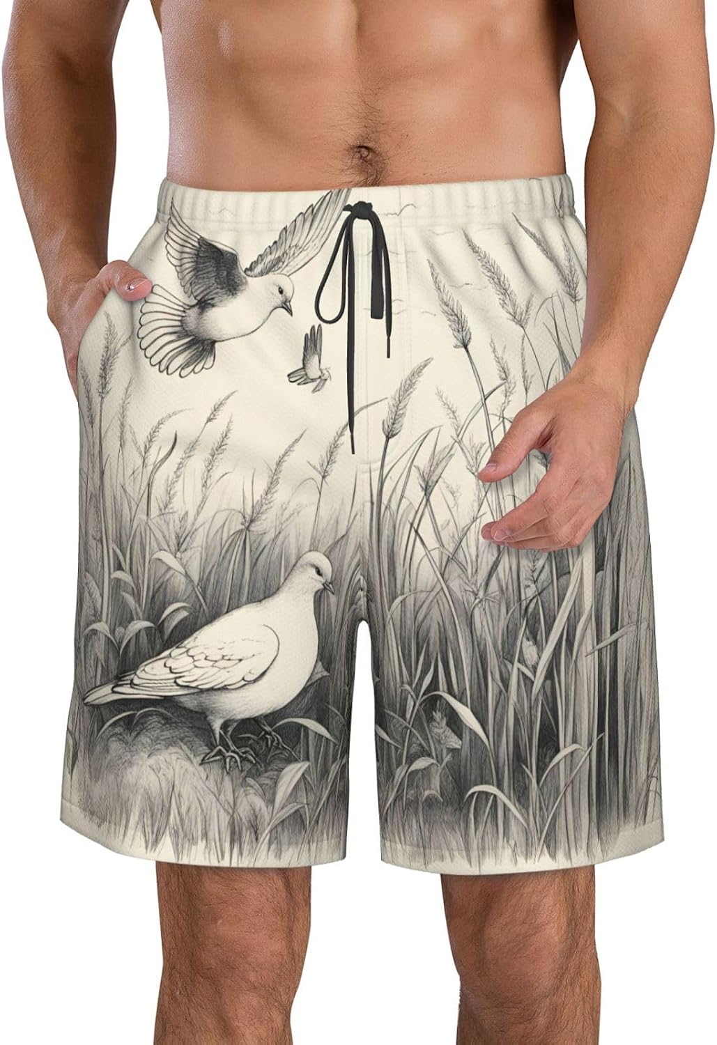 Grass and Dove Print Men's Quick-Drying Shorts Casual Beach Pants Stretch Waist Shorts and Pockets