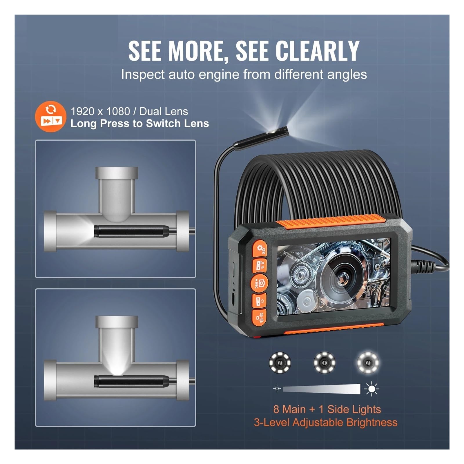 Telecamera for endoscopio, periscopio a doppia lente, telecamera di ispezione con schermo da 4,3" 1080P con luci a LED IP67 impermeabile for auto per fognature/tubazioni/automotive(15m Cable)