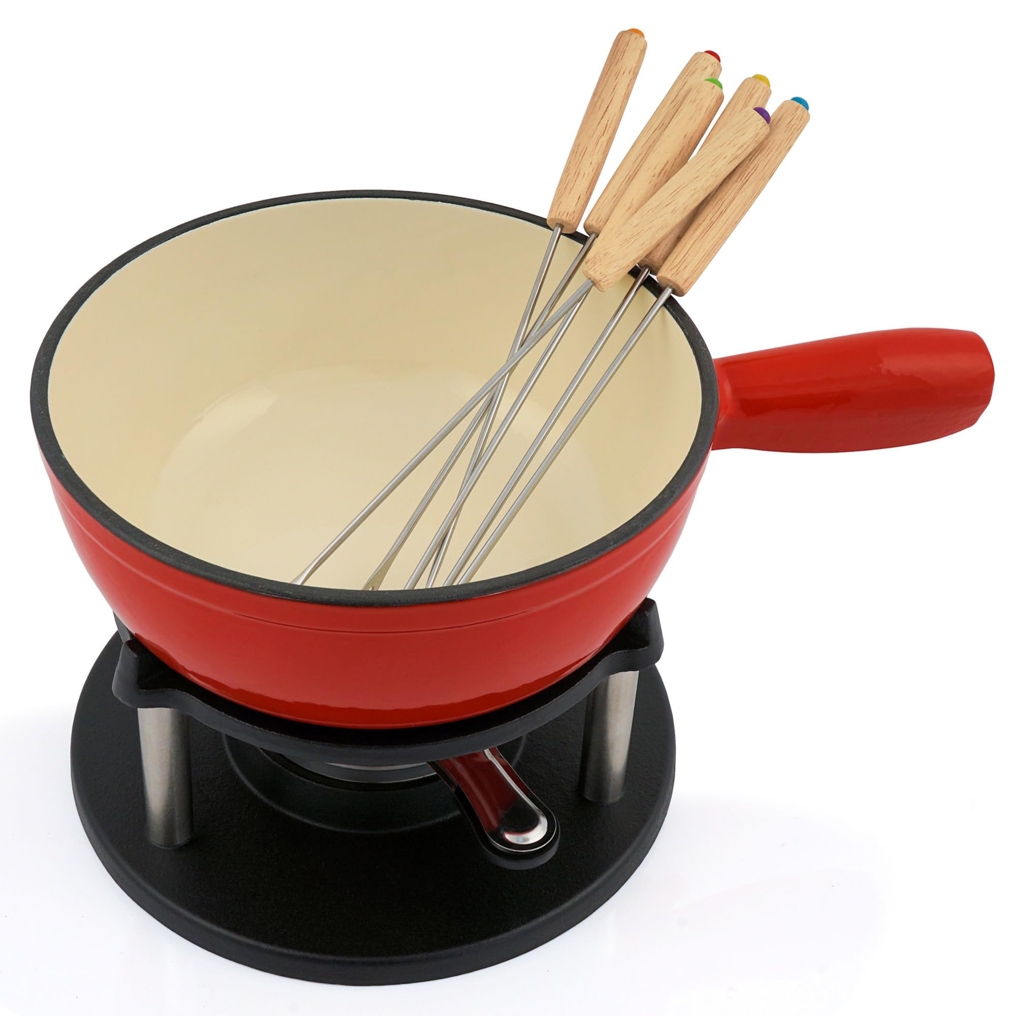 BBQ-TORO Set fonduta in ghisa per 6 Persone Set fonduta 9 Pezzi con bruciatore e forchette quantità di riempimento 2 Litri di Cioccolato al Formaggio induzione. (Rosso/Smaltato)