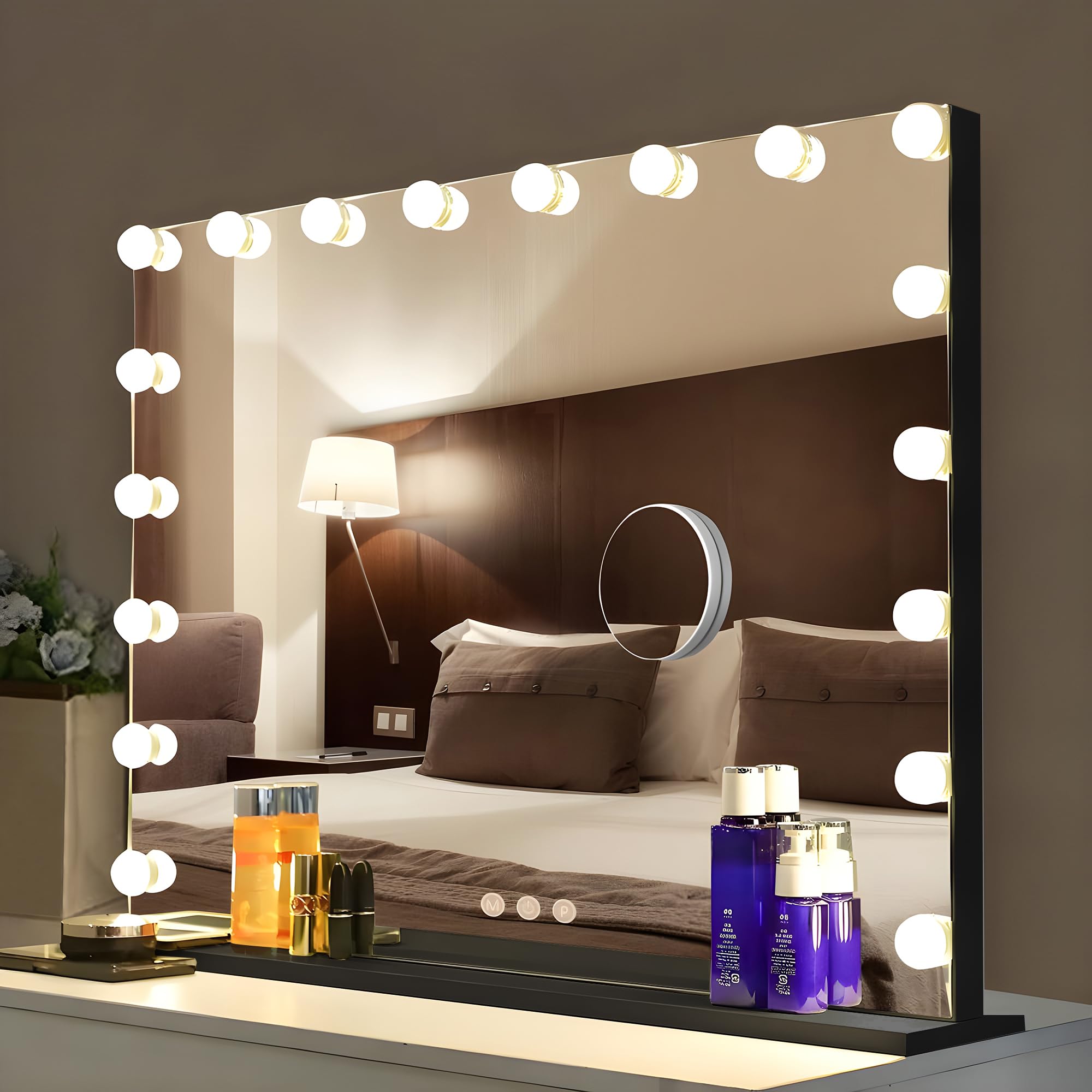 Hollywood Espejo 80 x 60 cm, Espejo Maquillaje con 18 Luces, Espejo de Aumento 10x, Regulable, Ampliación, Negro