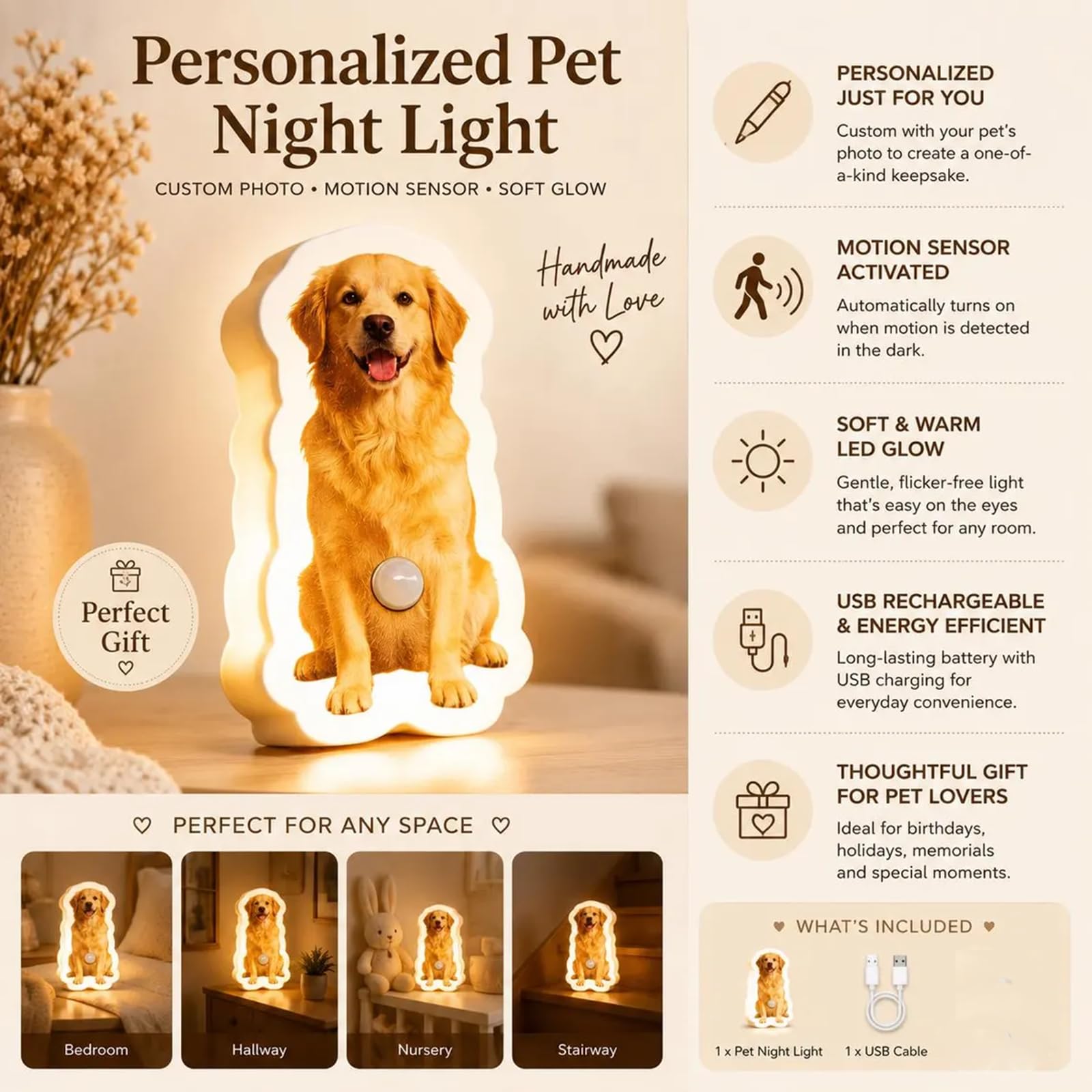 Luz nocturna personalizada con sensor de movimiento para mascotas, sensor 3D personalizado, decoración de pared para perro, luz nocturna 3D personalizada para mascotas (35 cm)