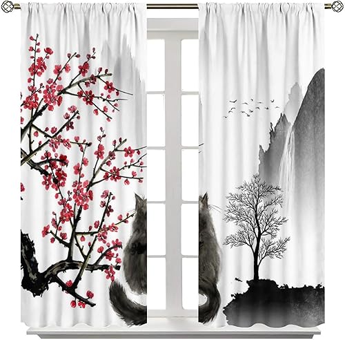 Miniatura 2 de Cortina japonesa, pintura de tinta tradicional retro con diseño de gato rojo cerezo en flores, cortinas con aislamiento térmico y bolsillo para