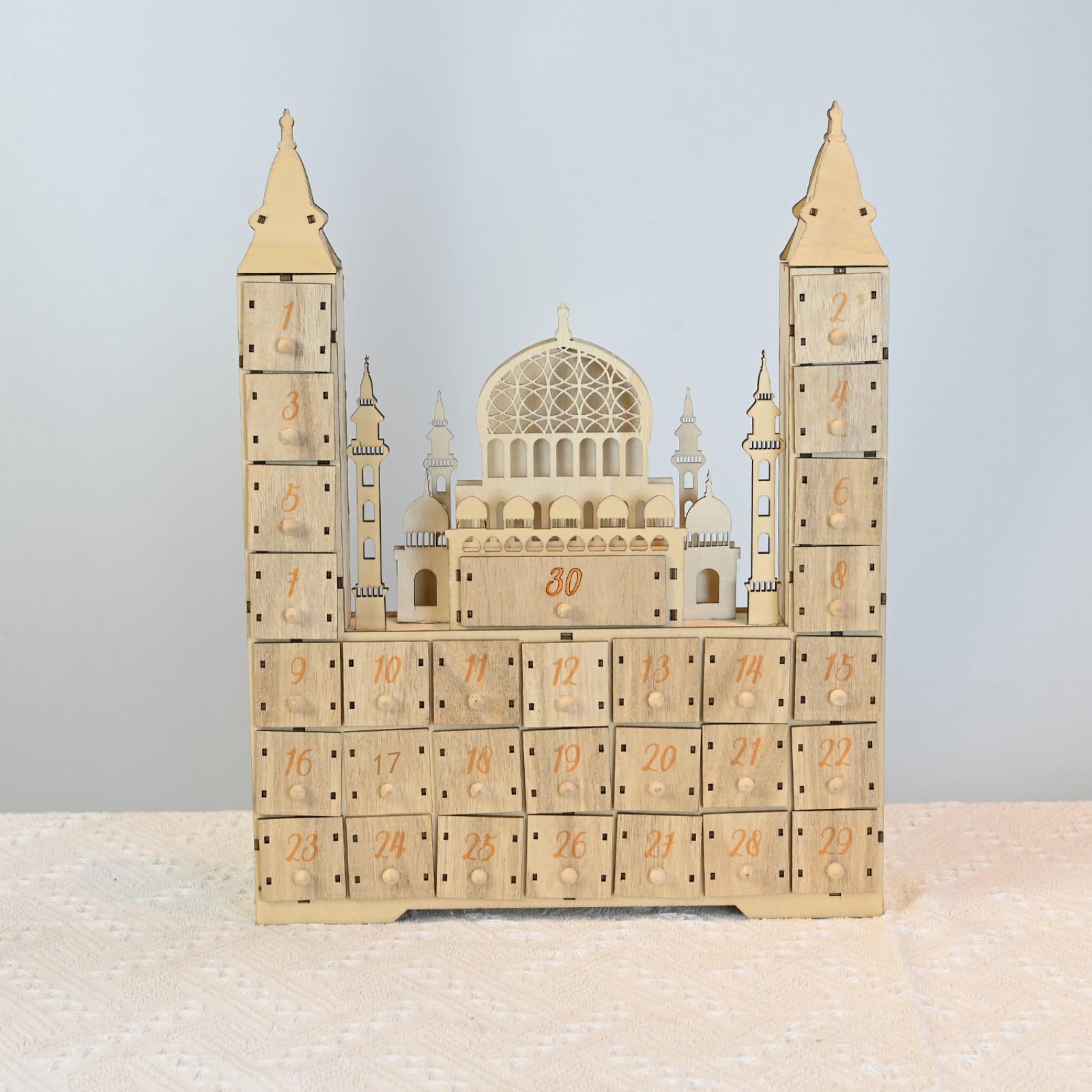 Calendario per conto alla rovescia dei castelli del Ramadan, con luce a LED e 30 cassetti, decorazioni per l'avvento in legno per feste islamiche