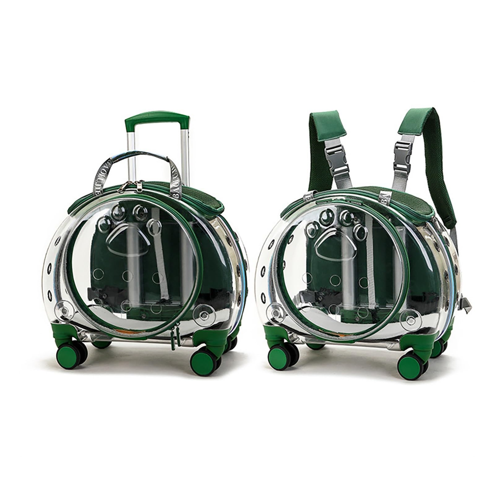 Trasportino per Gatti con Ruote – Zaino Trolley Rigido Trasparente e Traspirante per Gatti e Cani fino a 10 kg, Ruote Silenziose a 360°, Spallacci Rimovibili e Schienale Ventilato(Green)