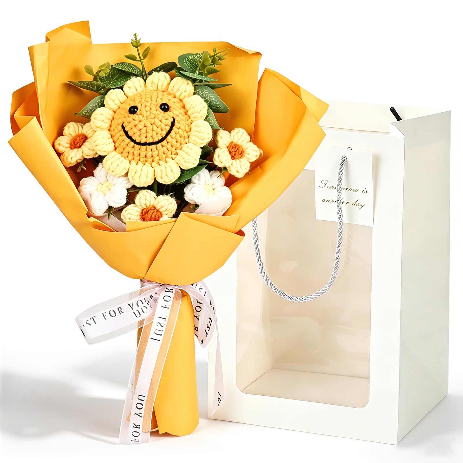 Knitted Smile Sunflower, Handmade Crochet Flower Bouquet, Hand Woven Artificial Floral Arrangement, Knitted Eternal Fake Flowers Plush Bouquet for Mother’s Day, Birthday, Valentine's Day, Wedding