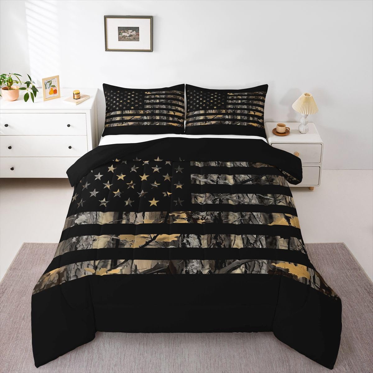 Feelyou American Flag Camo Comforter Set All Season Hunting Bedding Set with 2 Pillow Cases Military Camouflage Kids Full Bedclothes Rustic Trees Leaves Bedroom Decor Duvet Quilt Soft Lightweight