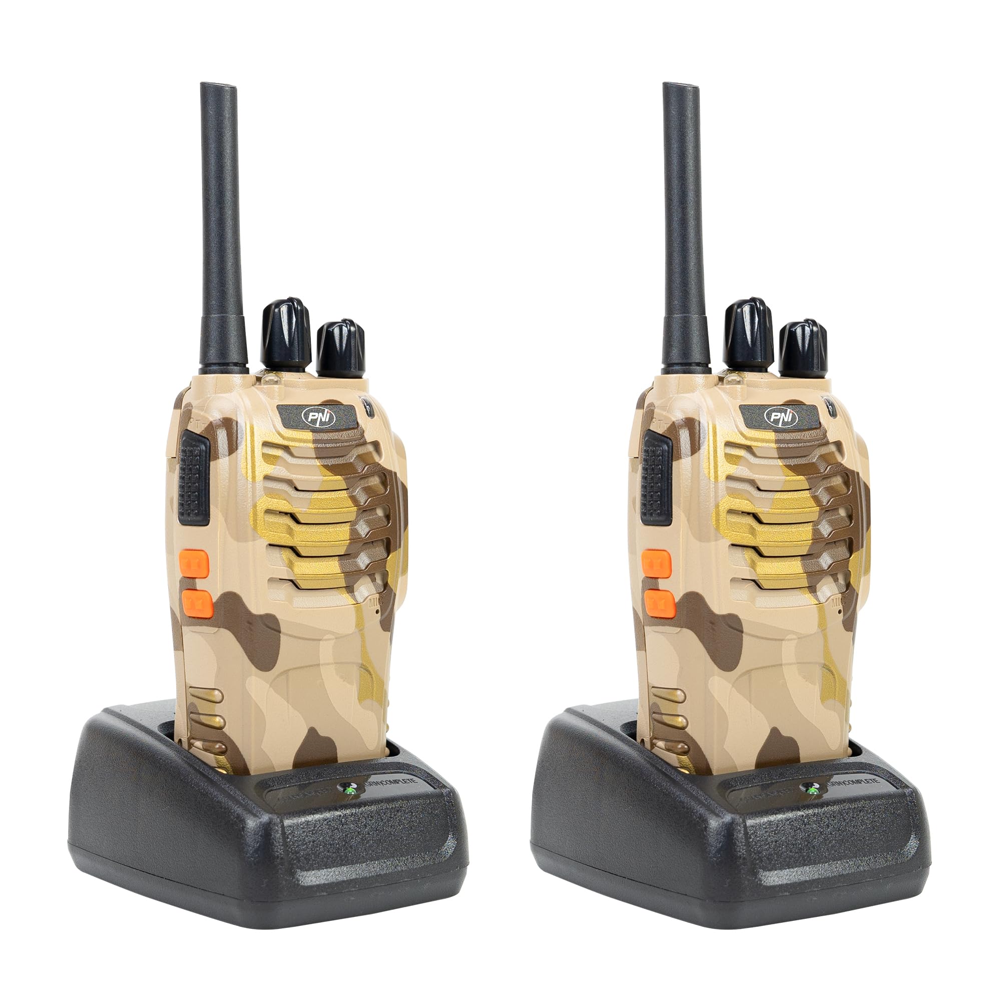 Przenośna stacja radiowa PNI PMR R40 Camo, zestaw 2, 0,5 W, 16 programowalnych kanałów, 16 tonów PMR i 50 CTCSS oraz 104 DCS, ASQ, TOT, monitor, programowalny, akumulatory 1200 mAh, ładowarki i słucha