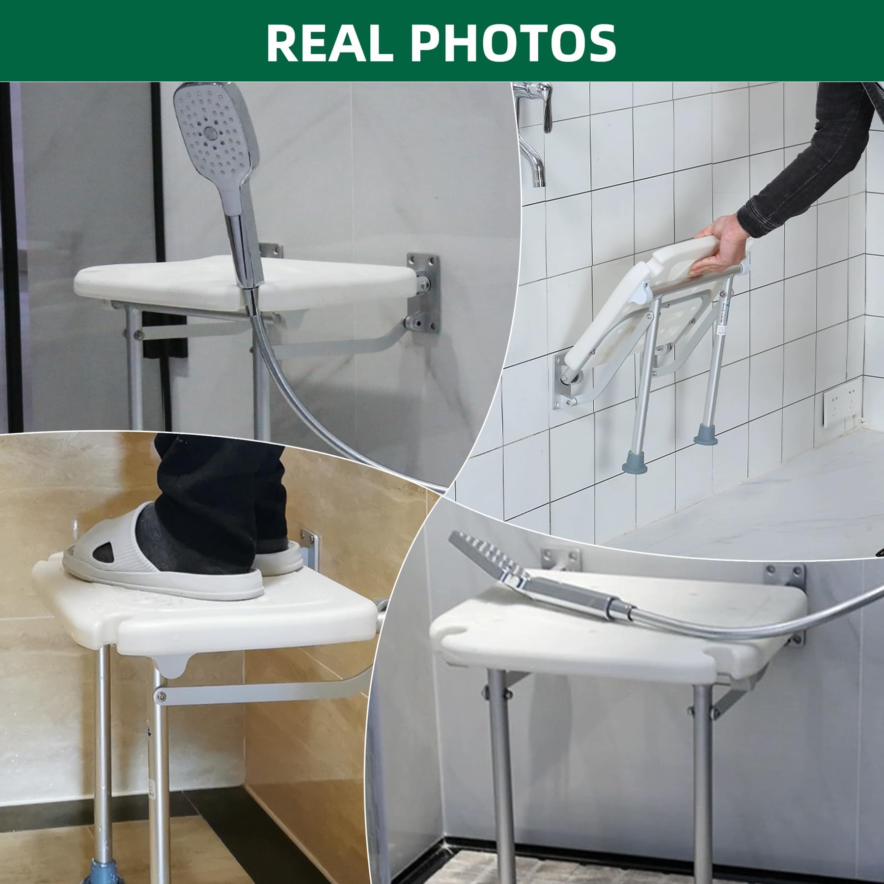 Banco de Ducha Plegable de Pared, Asiento de baño Plegable, Silla de baño atornillable, Taburete con Patas, Orificios de Drenaje y Ranura for Cabezal de Ducha, Blanco, 40 x 38 x 42 cm