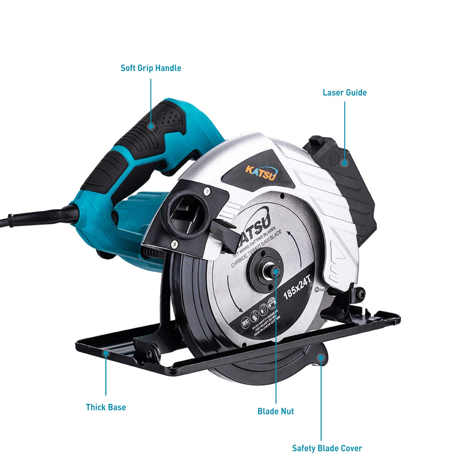 KATSU Circular Saw 185mm 7 Inch 1600W Electric Saw with Laser Guide and 2 Blades 24T40T for Woodworking Wood Soft Metal and Plastic Cutting 100793 product thumbnail 8
