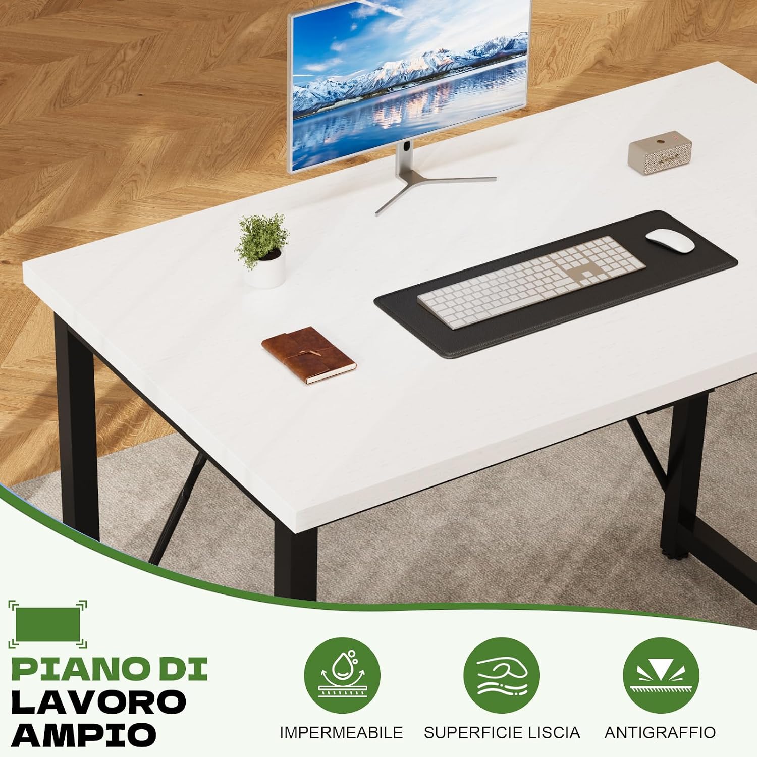 Close-up details of the Devoko desk: waterproof and wear-resistant surface, reinforced diagonal support, and adjustable feet.