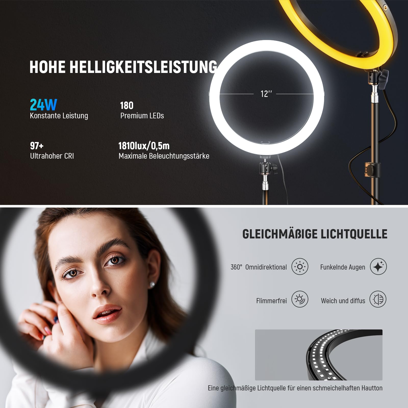NEEWER 30,5cm(12Zoll) 24W Hochleistungs LED Ringlicht für Telefon mit 181 Zoll Halterung Bicolor 2900K-7000K USB Eingang Typ C PD CRI97+ 1810lux/0,5m 12 Szenen für Live Übertragung Zoom TikTok, RH12B