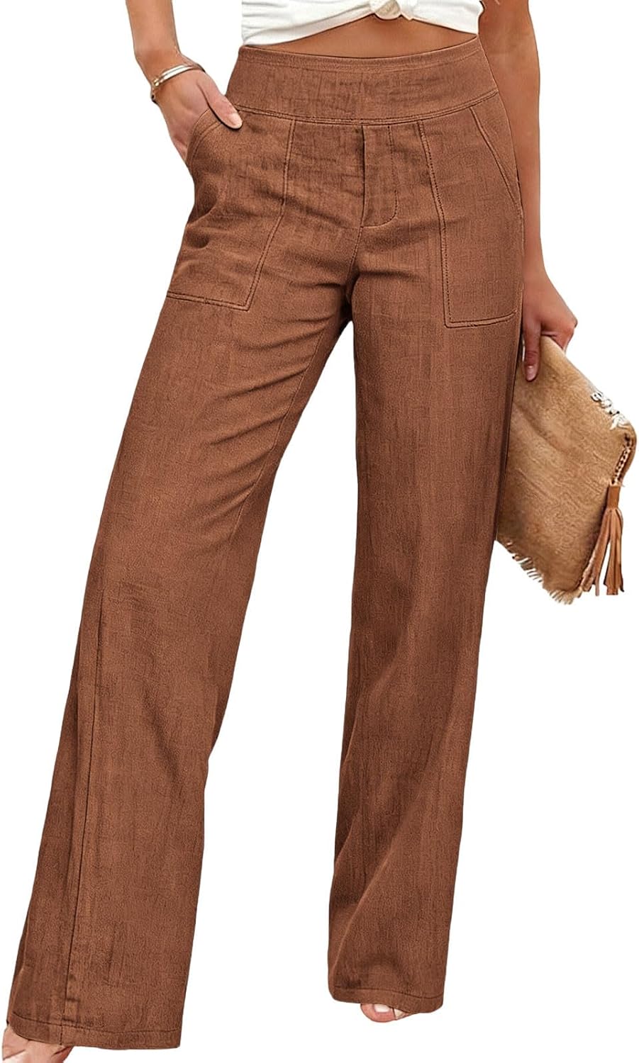 Womens Cotton Linen Pants Summer Lightweight High Waist Straight Leg Pant Beach Vacation Flowy Lounge Trousers
