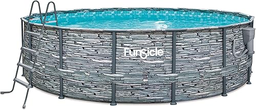 Funsicle Oasis Designer - Piscina sobre el suelo con marco redondo de 16 x 48 pulgadas con bomba de filtro SkimmerPlus, patrón de pizarra de piedra