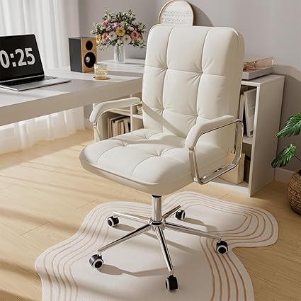 White Office Chair with Soft Leather, Swivel Computer Home Office Desk Chair with Wheels and Padded Arms, Adjustable Height and Tilt