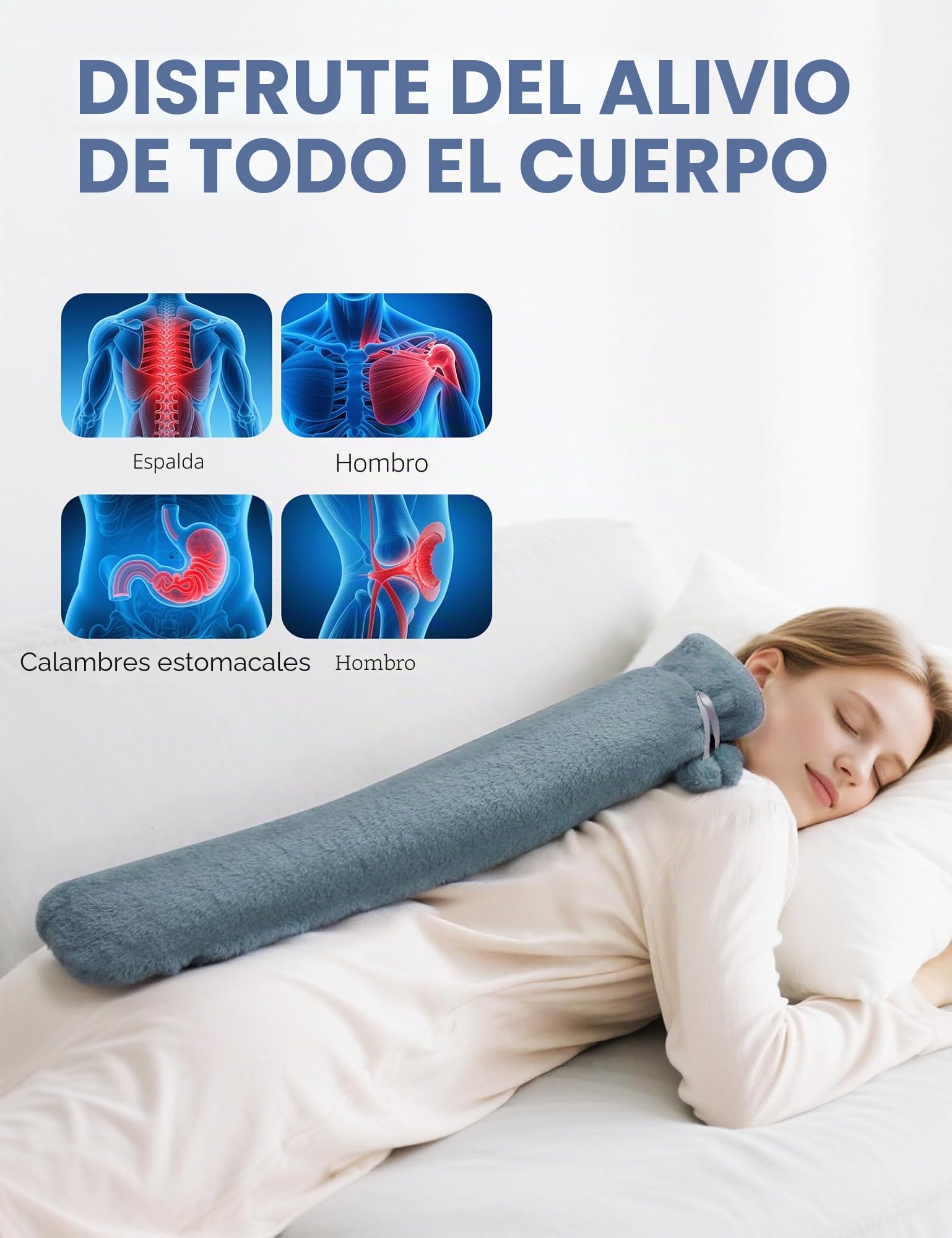 Homealexa 2L Botella de Agua Caliente Grande Larga con Funda - Bolsa Suave del Reino Unido para Cuello y Hombros, 73 x 14cm - Botella Extra Larga para Niños