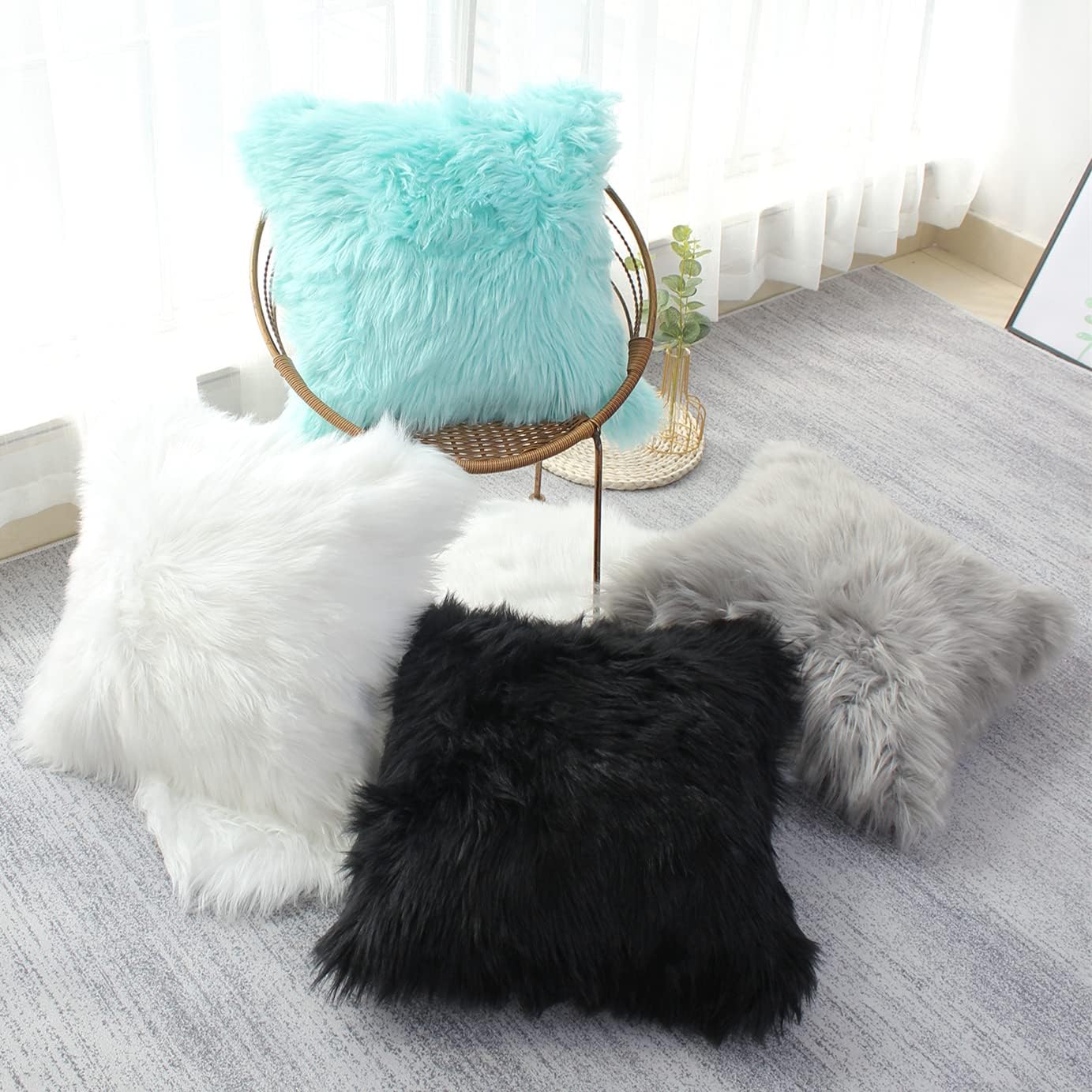 OYIMUA Fluffy Decorative Throw Pillow Covers 20x20, Faux Fur Farmhouse Luxury Pillow Cases,Soft Plush Fuzzy Light Turquoise Cushion Covers for Sofa Couch Living Room Bedroom Set of 2