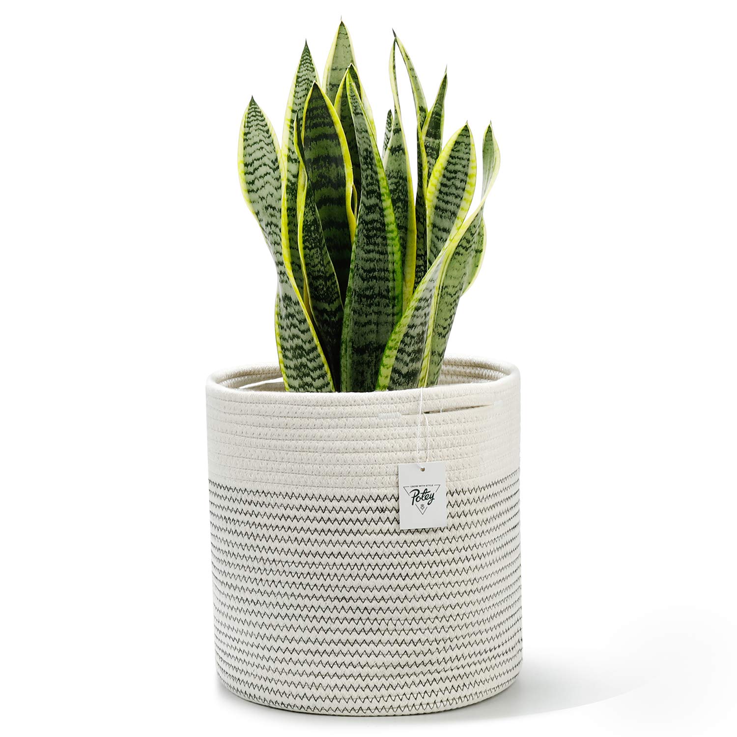 POTEY 700201 Cotton Woven Rope Plant Basket Modern Indoor Decorative Planter Up to 10 Inch Pot Woven Storage Organizer with Handles Home Decor, 11" x 11", Cream White and Black Stitching