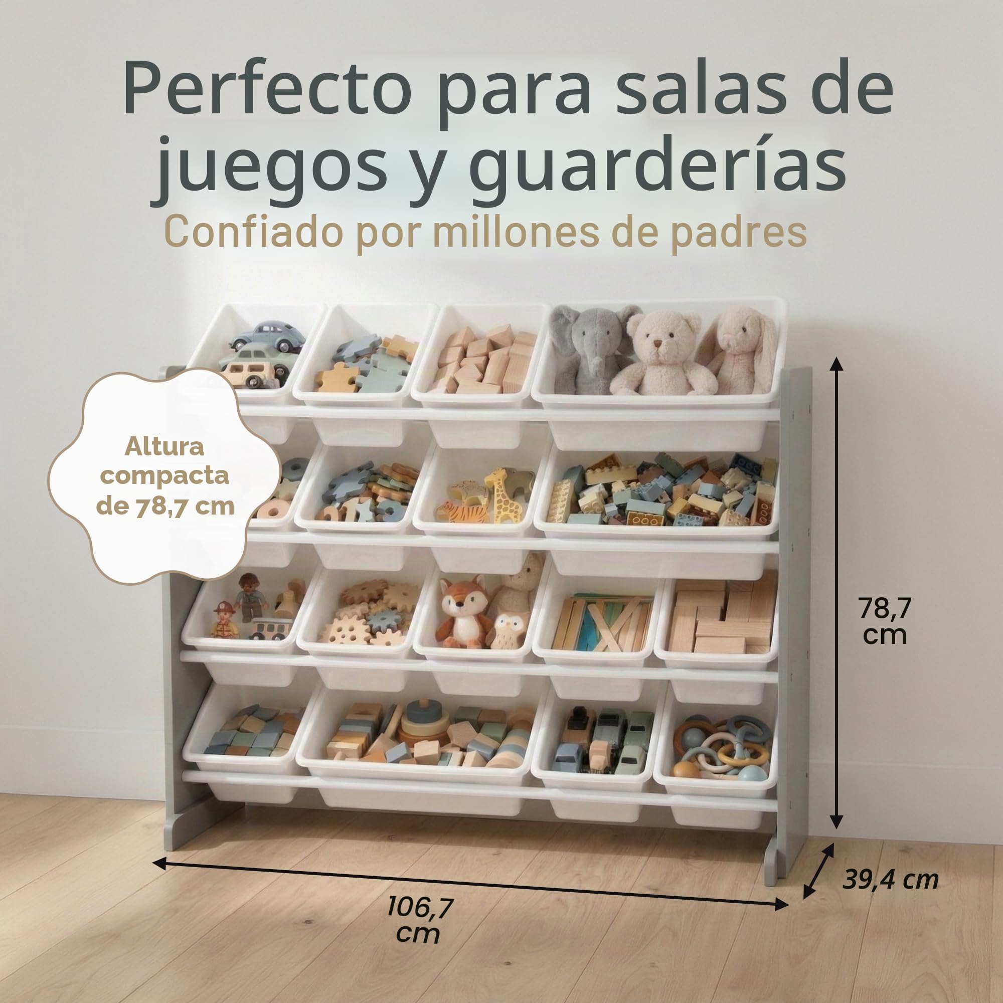 Humble Crew estantería Infantil Gris/Blanco: 16 Cajas Almacenamiento, Madera, Organiza Juguetes, Segura, Moderna, fácil Montaje