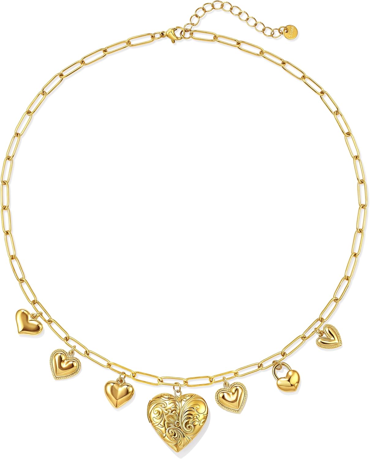 18K Chunky Gold Charm Necklace for Women,Heart Chain Bow Pendant Paperclip Necklace Summer Beach Jewelry