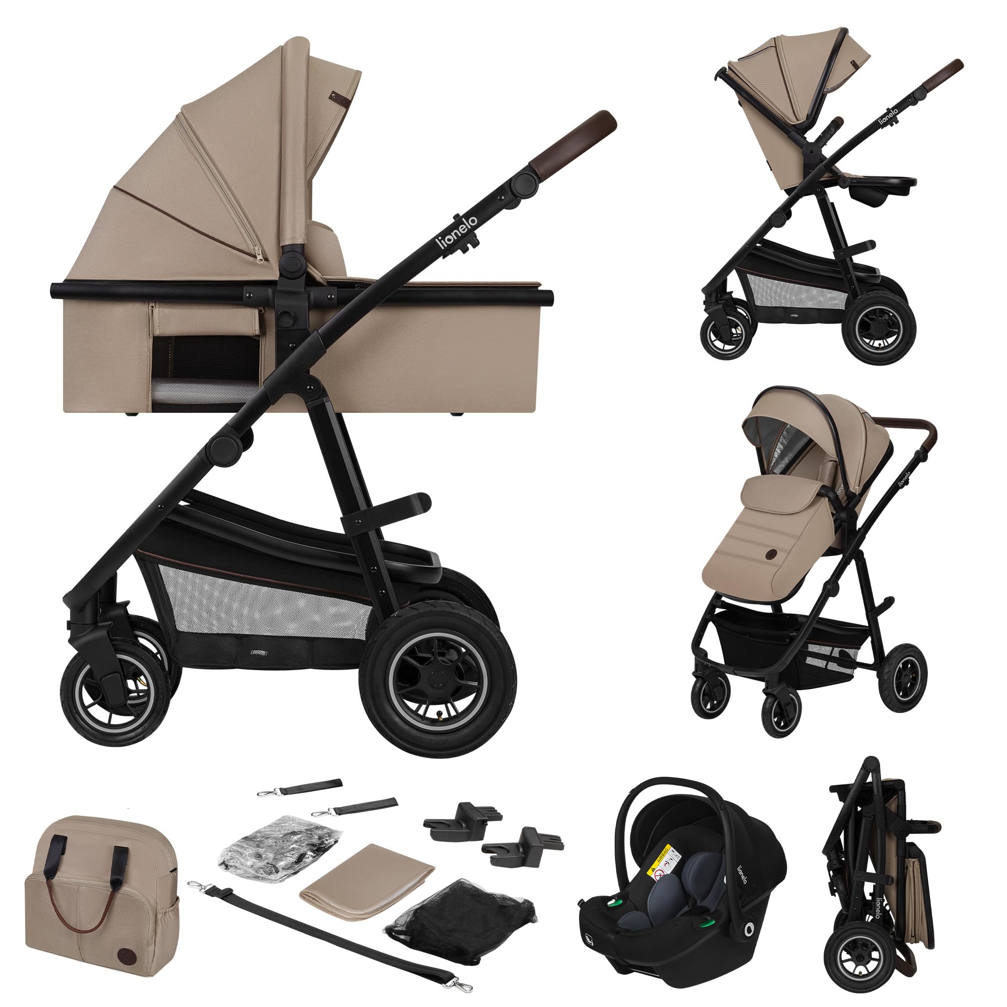 LIONELO Amber 3-in-1 Kombikinderwagen Babywanne Sportsitz i-Size Autositz 40-87 cm Luftreifen wendbar XXL-Dach UPF 50+