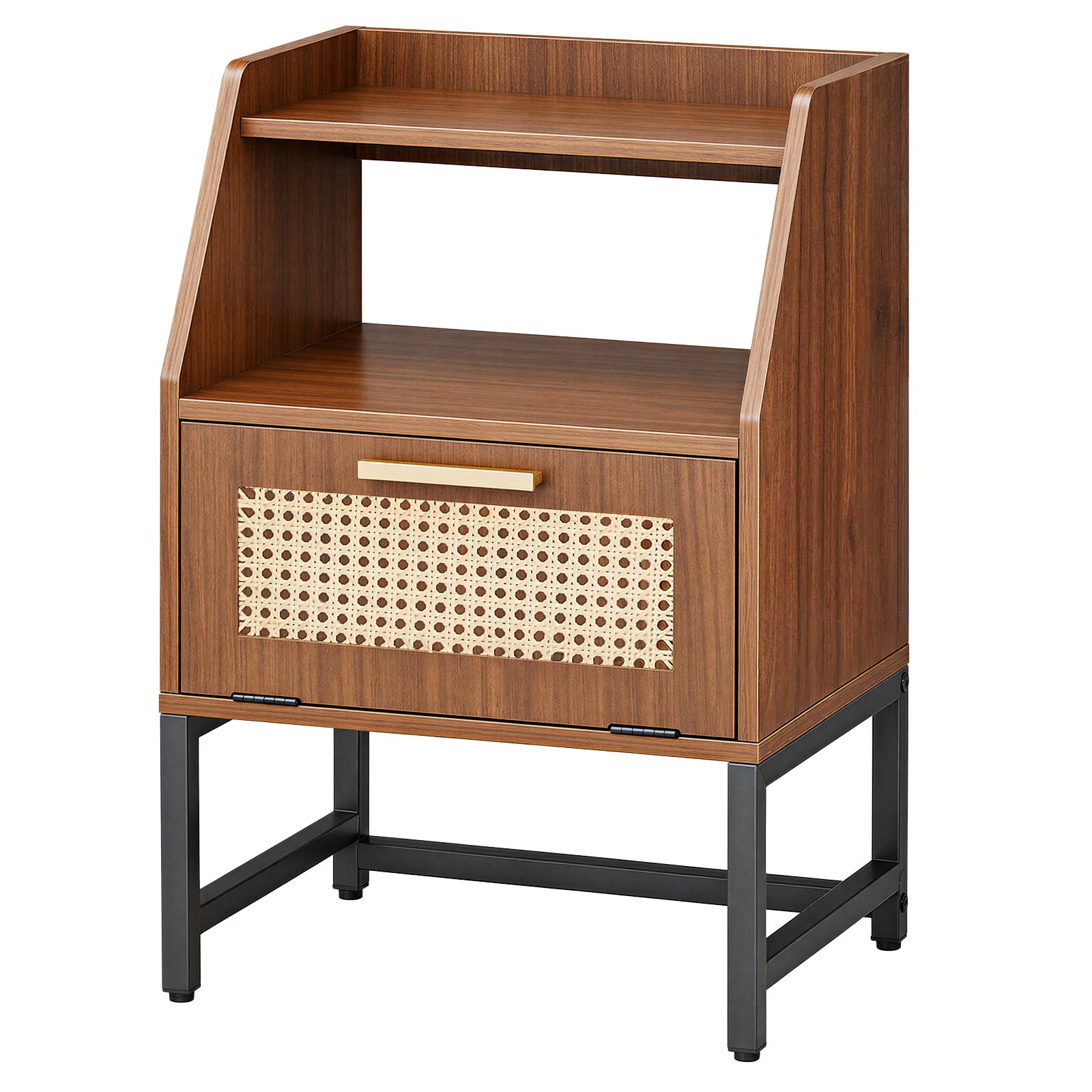 HOOBRO Nachtisch in Rattanoptik, schmaler Beistelltisch mit Klapptür und offenem Fach, Sofatisch für Schlafzimmer, Wohnzimmer und Büro, Walnuss und Schwarz