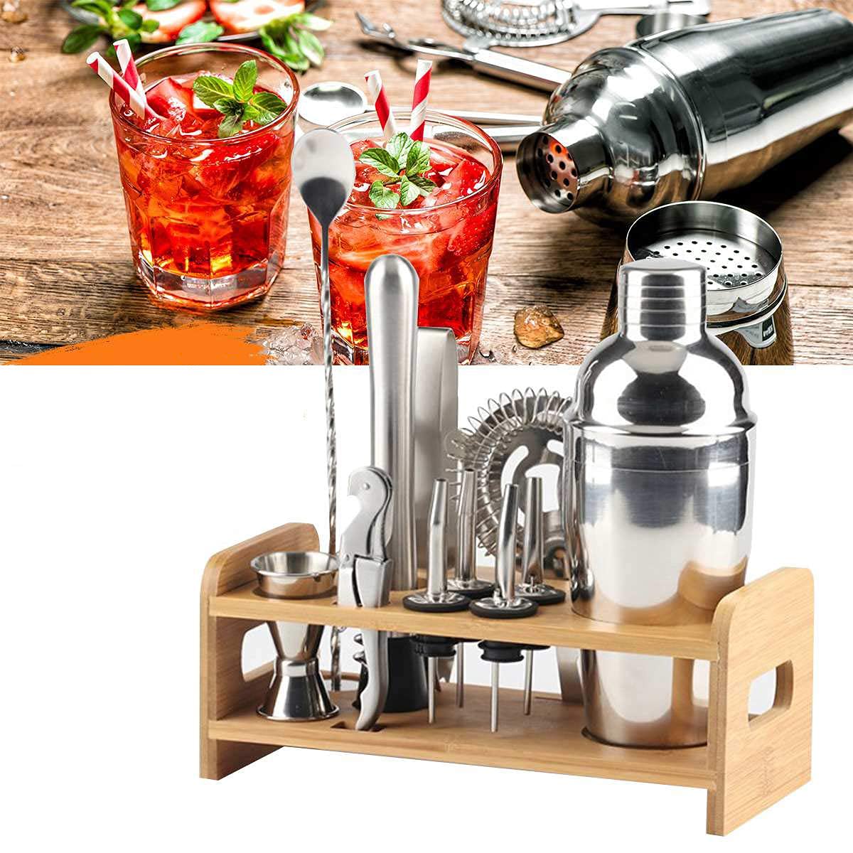 Juego de coctelera de 12 Piezas Juego de Barman Juego de Barra de Acero Inoxidable Premium con Soporte de bambú Preparación de cócteles para Barman Herramienta de Barra de Fiesta de Bebida