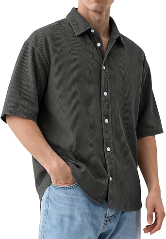 RTRDE Mens Button Down Shirts Short Sleeve Soft Corduroy Summer Casual Vacation Dress Shirts