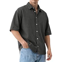 RTRDE Men's Button Down Shirts Short Sleeve Soft Corduroy Summer Casual Vacation Dress Shirts
