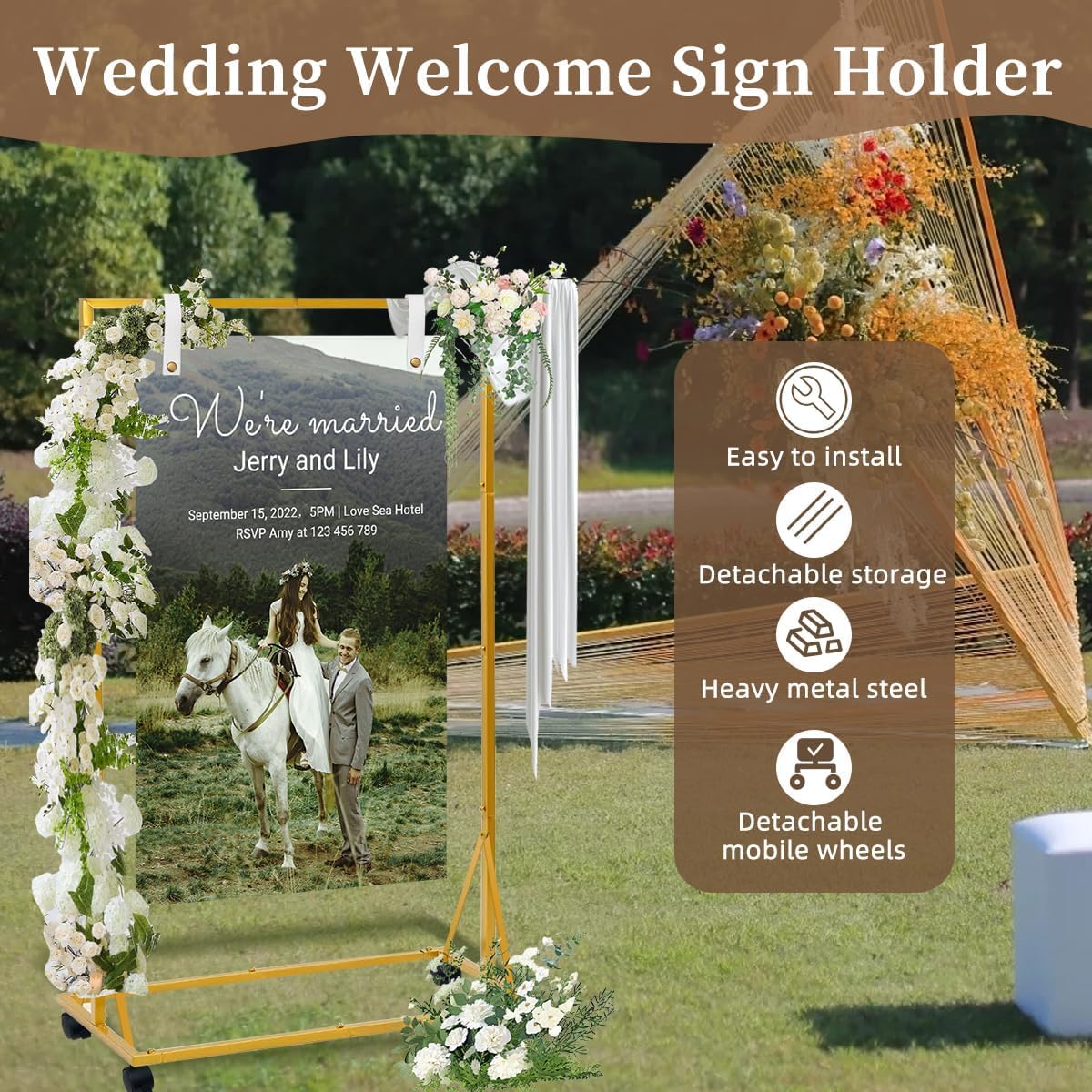 Support de plaque de mariage sur roulettes, 170 x 72 x 50 cm, réglable, avec 2 sangles en cuir, support doré pour panneaux de mariage, affiches, plan de table, réception et décoration