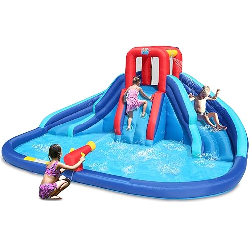 Action Air Water Slide, Inflatable Waterslide with Large Pool, Blue Bounce House with Double Slide and Climbing Wall