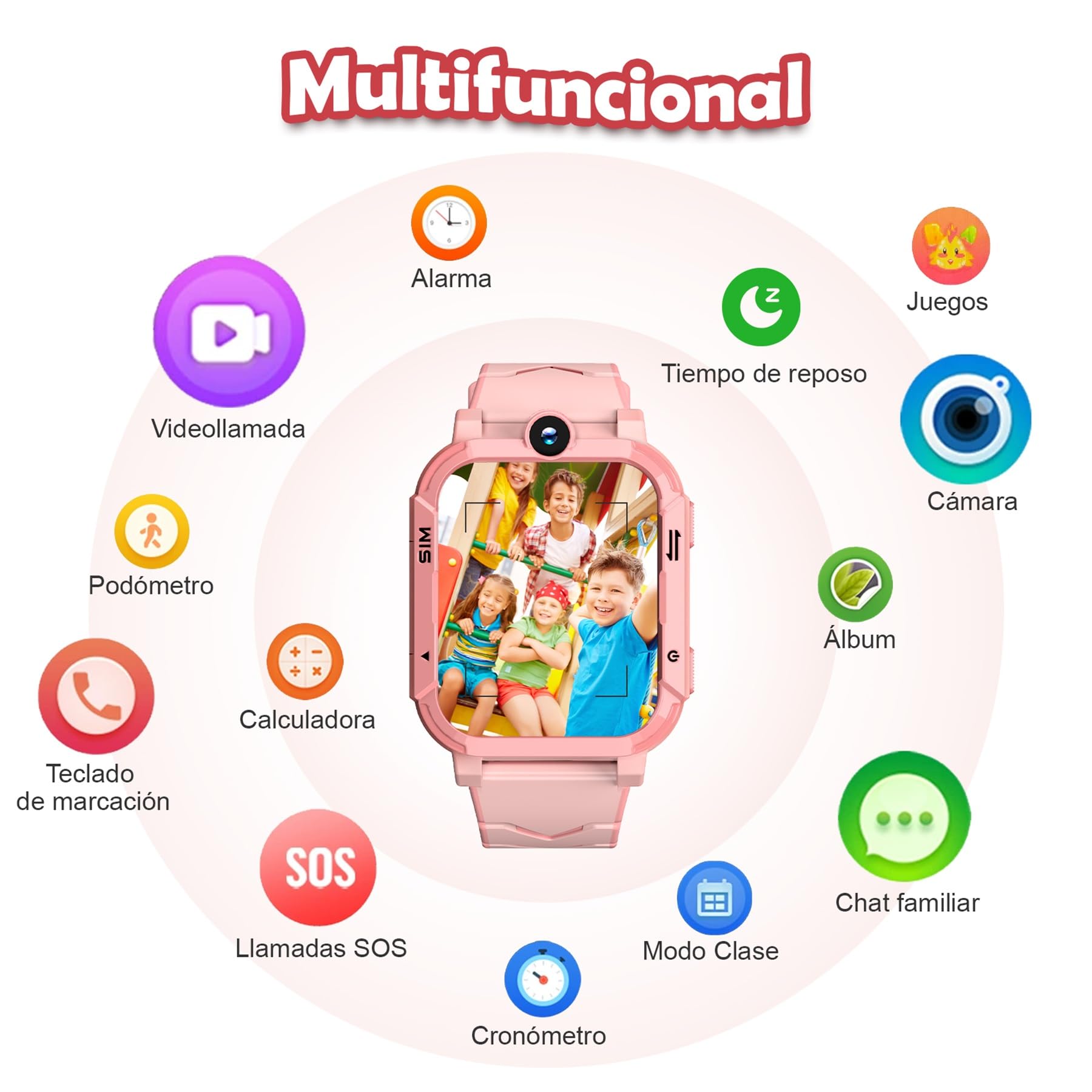Blackview Reloj Inteligente Niño 4G, Videollamadas, Chat de Voz, 1.83” Smartwatch Niños con GPS Posición, SOS Llamar, Modo Escuela, Despertador, Podómetro, Calculadora, Batería Grande de 800 mAh, Rosa