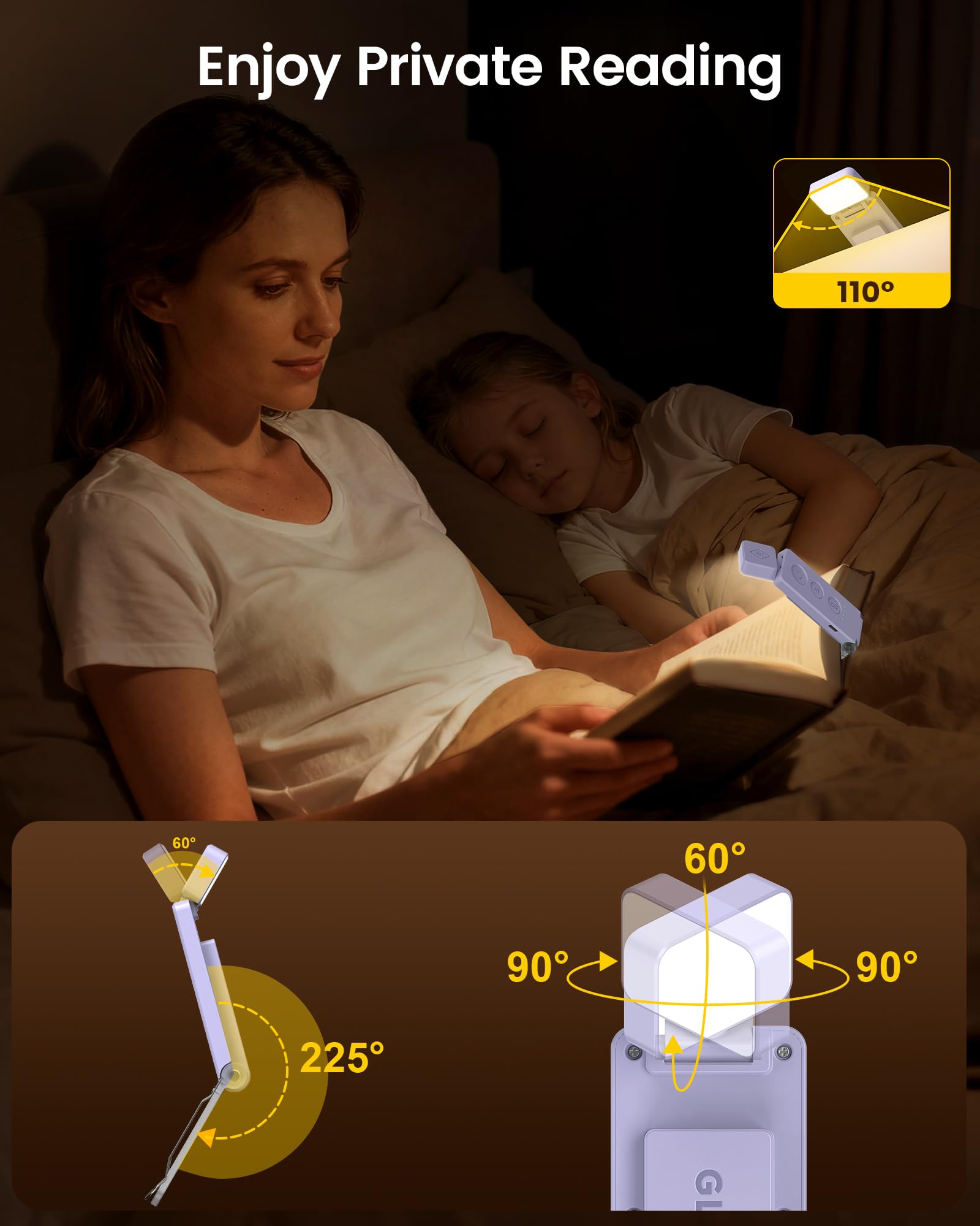 Glocusent Lampa Do Czytania Z Klipsem Na Książkę 12 LED Z Funkcją Zakładki | 100h Czasu Pracy, 5 Barw I 5 Poziomów Jasności, Przyjazna Dla Oczu Dla Miłośników Książek I Dzieci（Fioletowy）