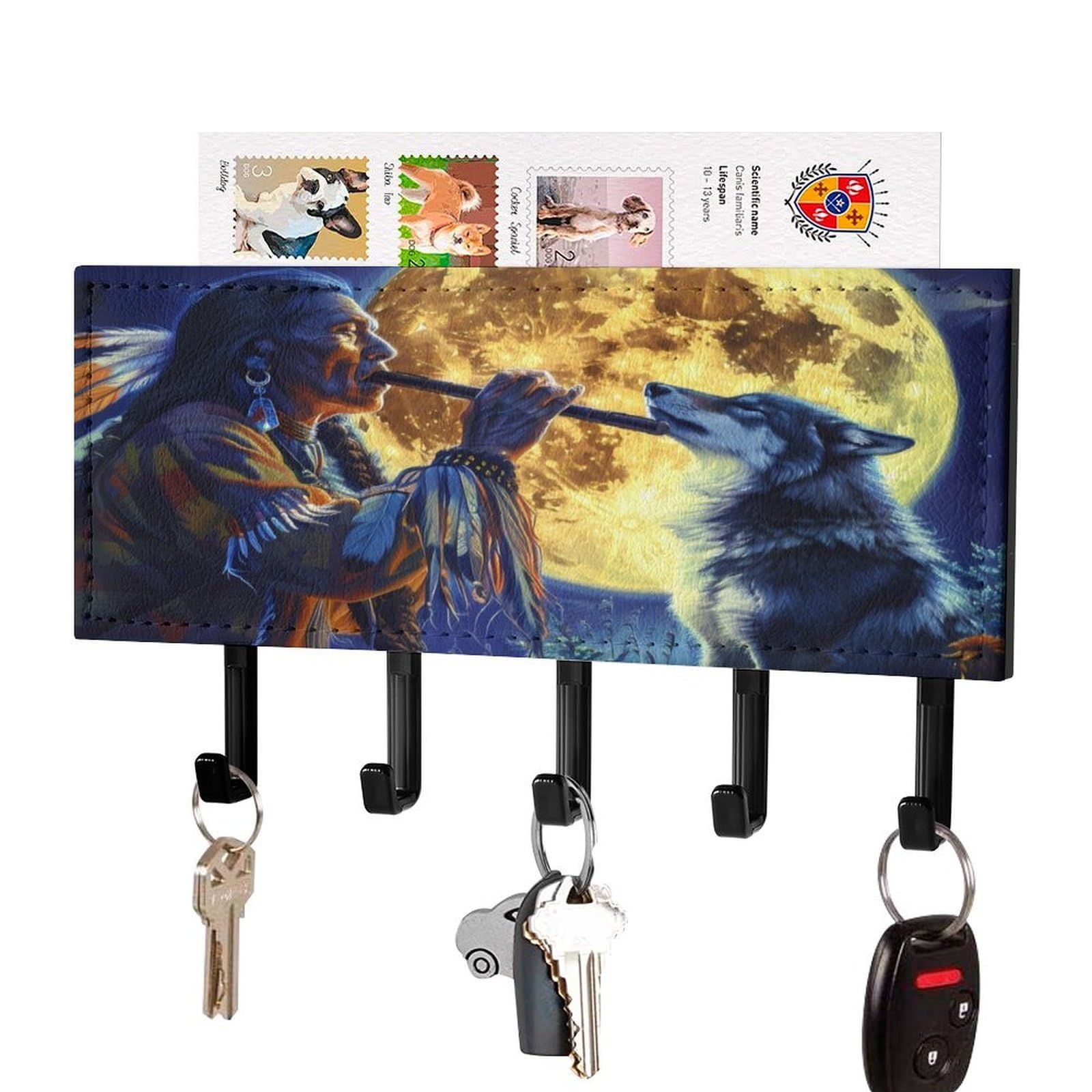 NCLQVJXZKHW Tribal Wolf Song Native Am-ericans Key Holder with 5 Hooks Key Hooks Wall Mounted Key Racks Key Hanger Organiser Shelf